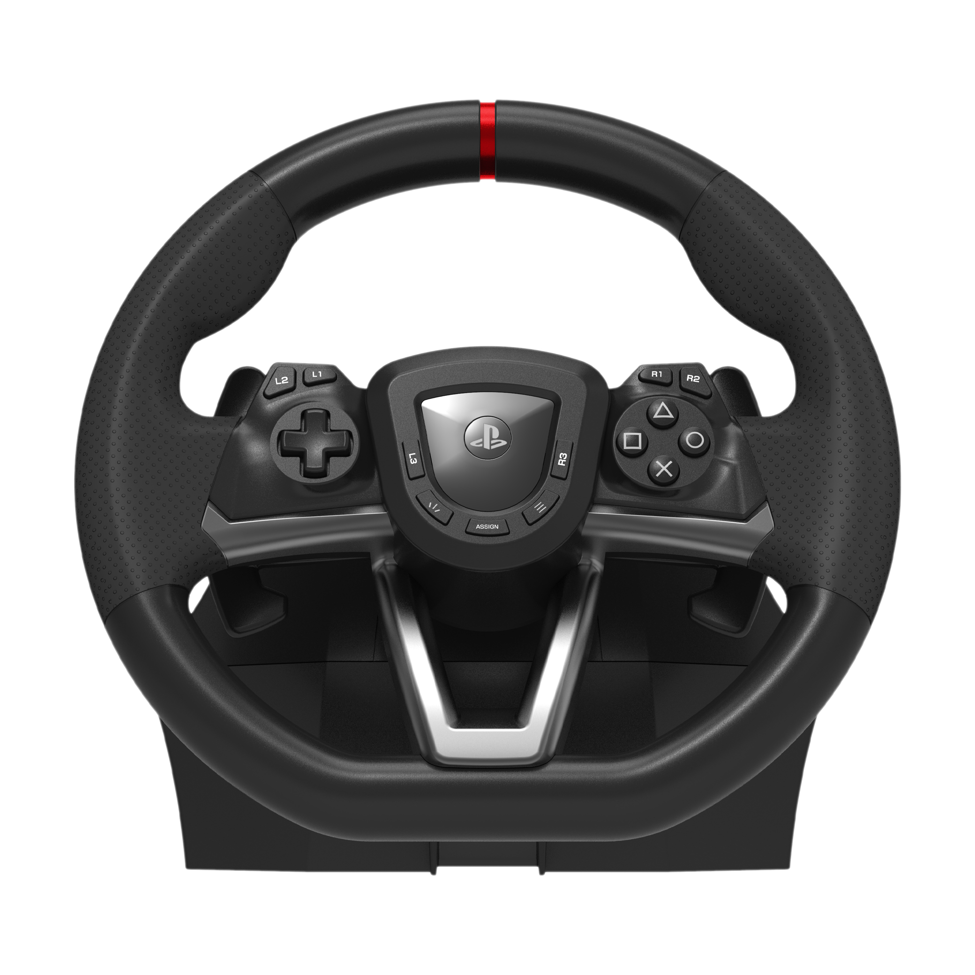 Black gaming wheel with buttons and a logo, white background.