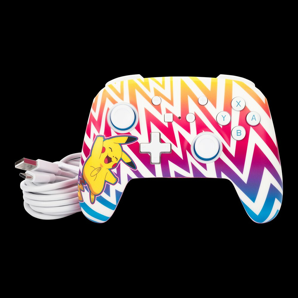 Controller im Pokémon-Design, mit Pikachu und Zickzackmuster. Inklusive Knöpfen und USB-Kabel.