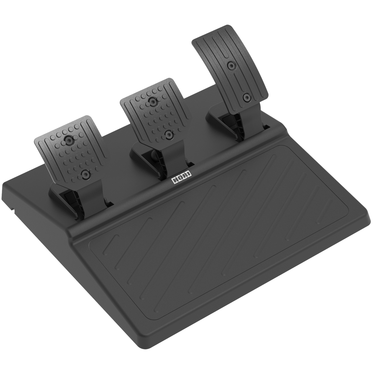 Zestaw pedałów do gier z trzema pedałami na czarnej podstawie, widok z góry.