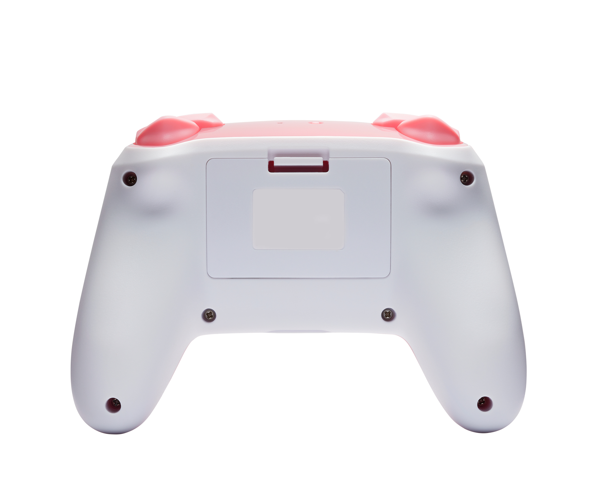 Rückansicht eines weißen und rosafarbenen Game-Controllers mit Knöpfen. Das Batteriefach ist sichtbar.