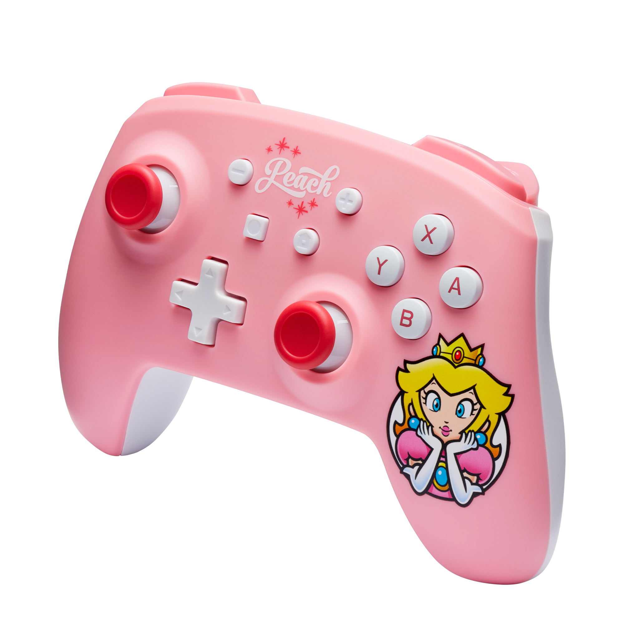 Pinkfarbener Nintendo Switch-Controller mit Prinzessin Peach. Er hat weiße Knöpfe und rote Joysticks.