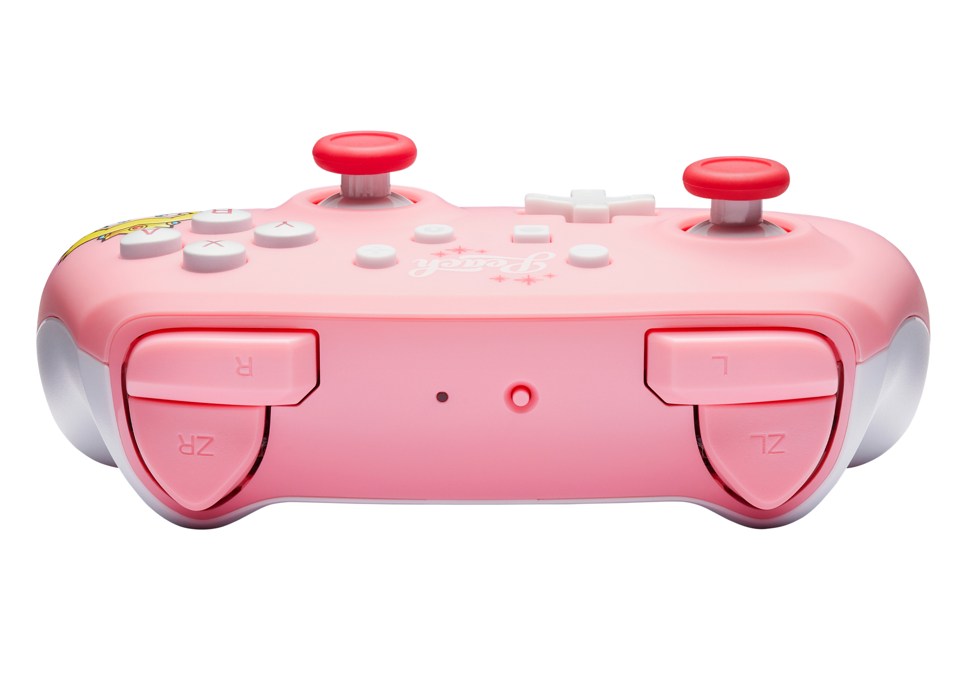 Ein pinkfarbener Switch-Controller mit roten Joysticks und Knöpfen.