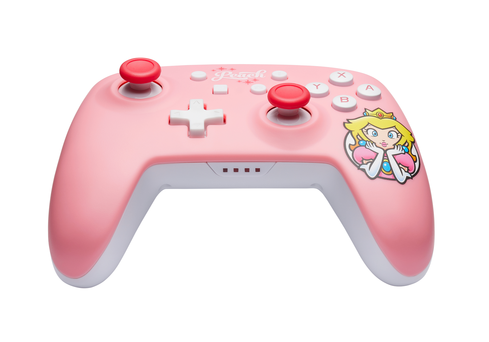 Pinkfarbener Nintendo Switch-Controller mit Peach-Charakter. Weißer Hintergrund.