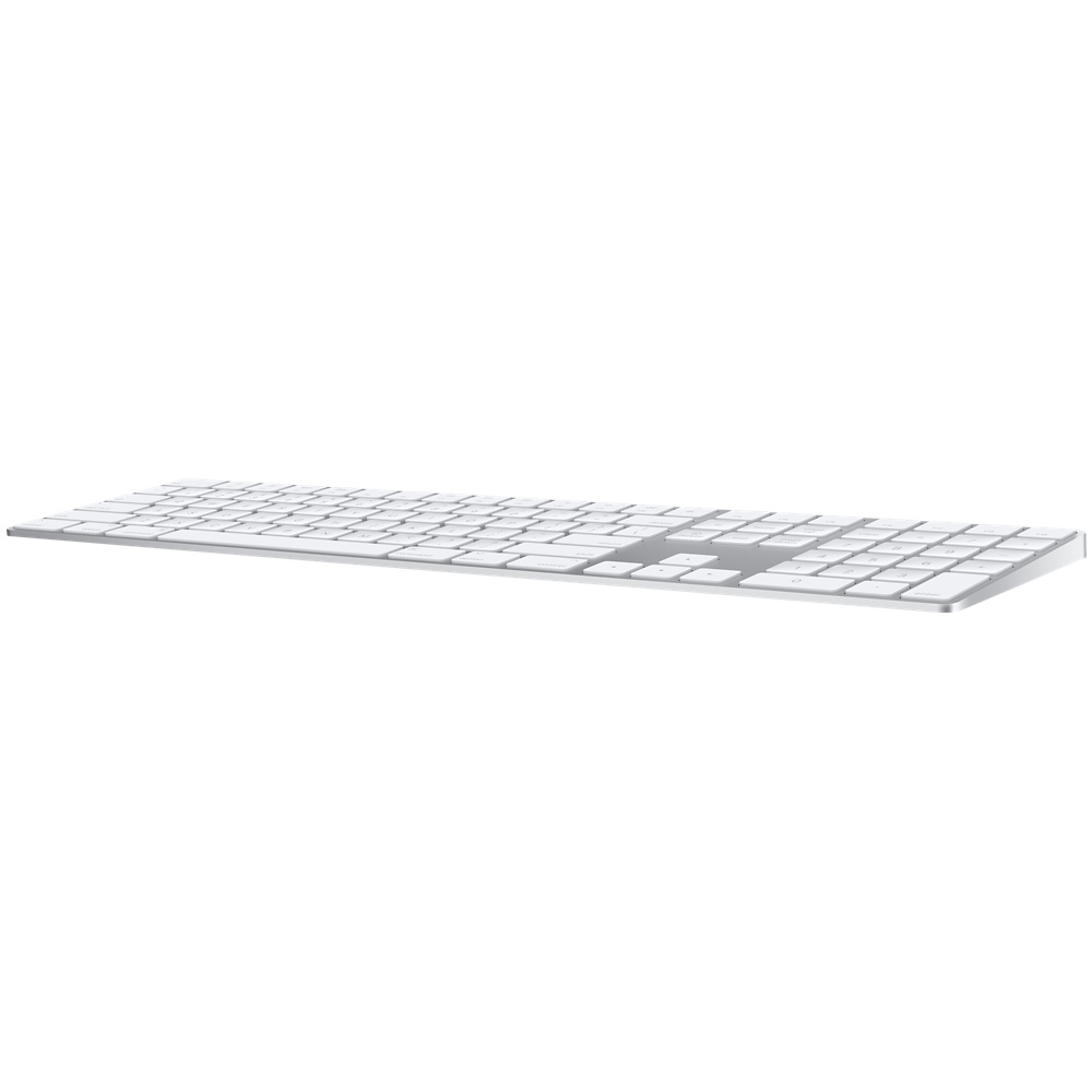 Weiße Tastatur auf weißem Hintergrund. Es ist eine flache, erweiterte Tastatur mit silbernem Rahmen.