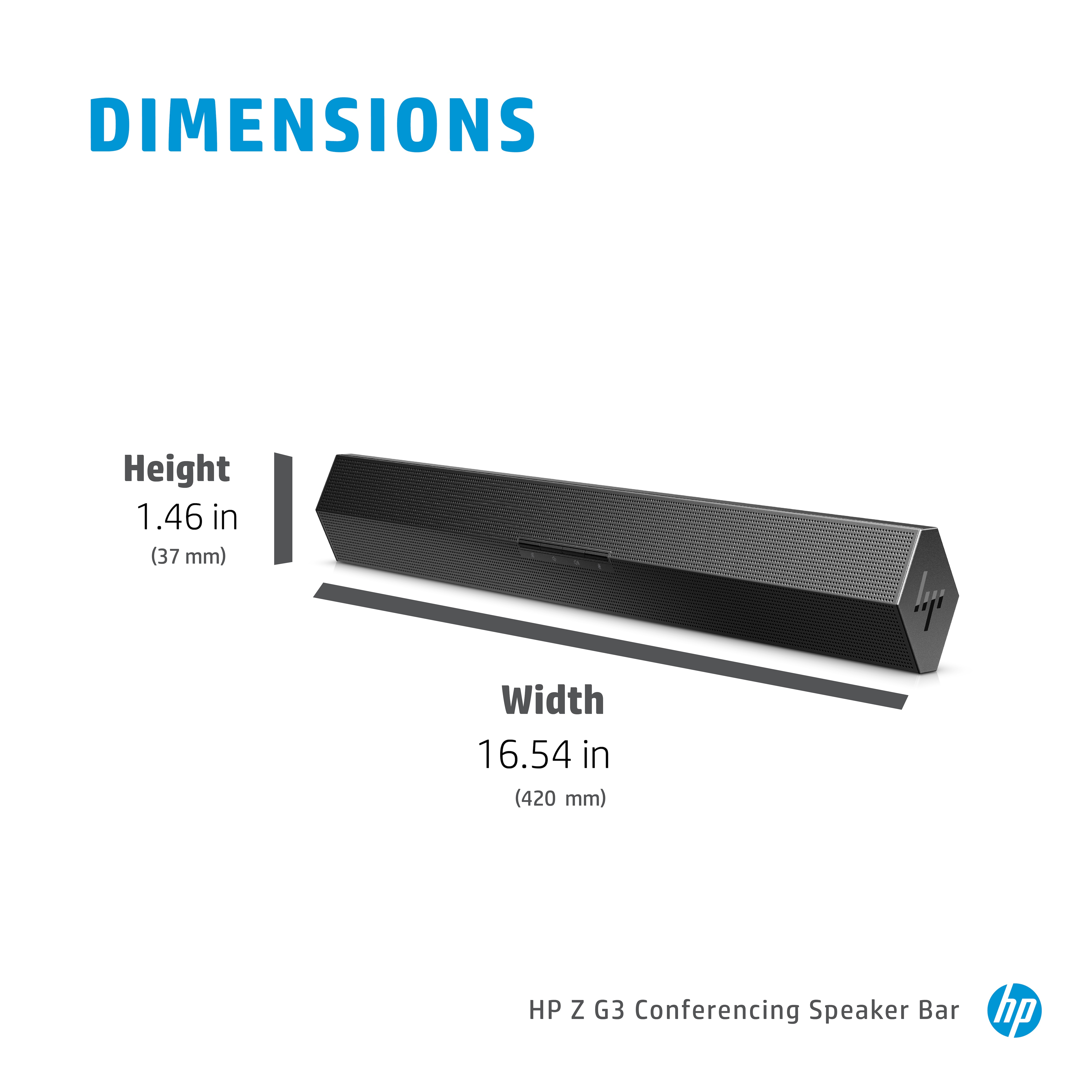 Una barra de altavoz negra con dimensiones mostradas. Está etiquetada como HP Z G3 Conferencing Speaker Bar.