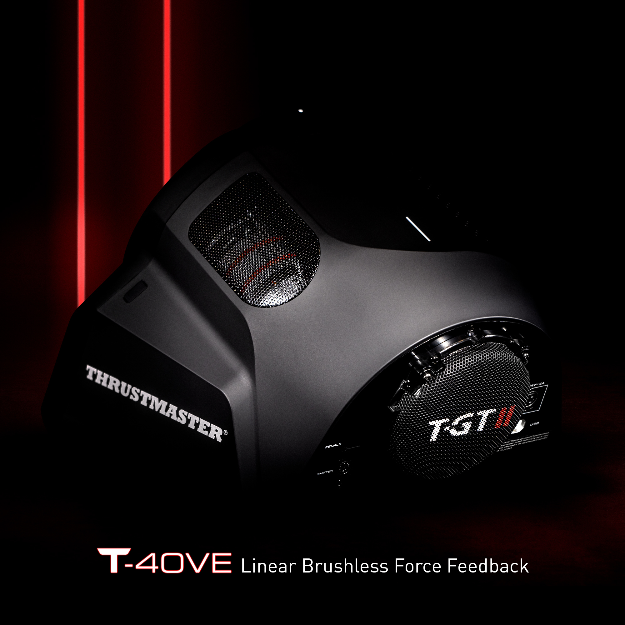 Una base per volante nera con il logo Thrustmaster e luci rosse.