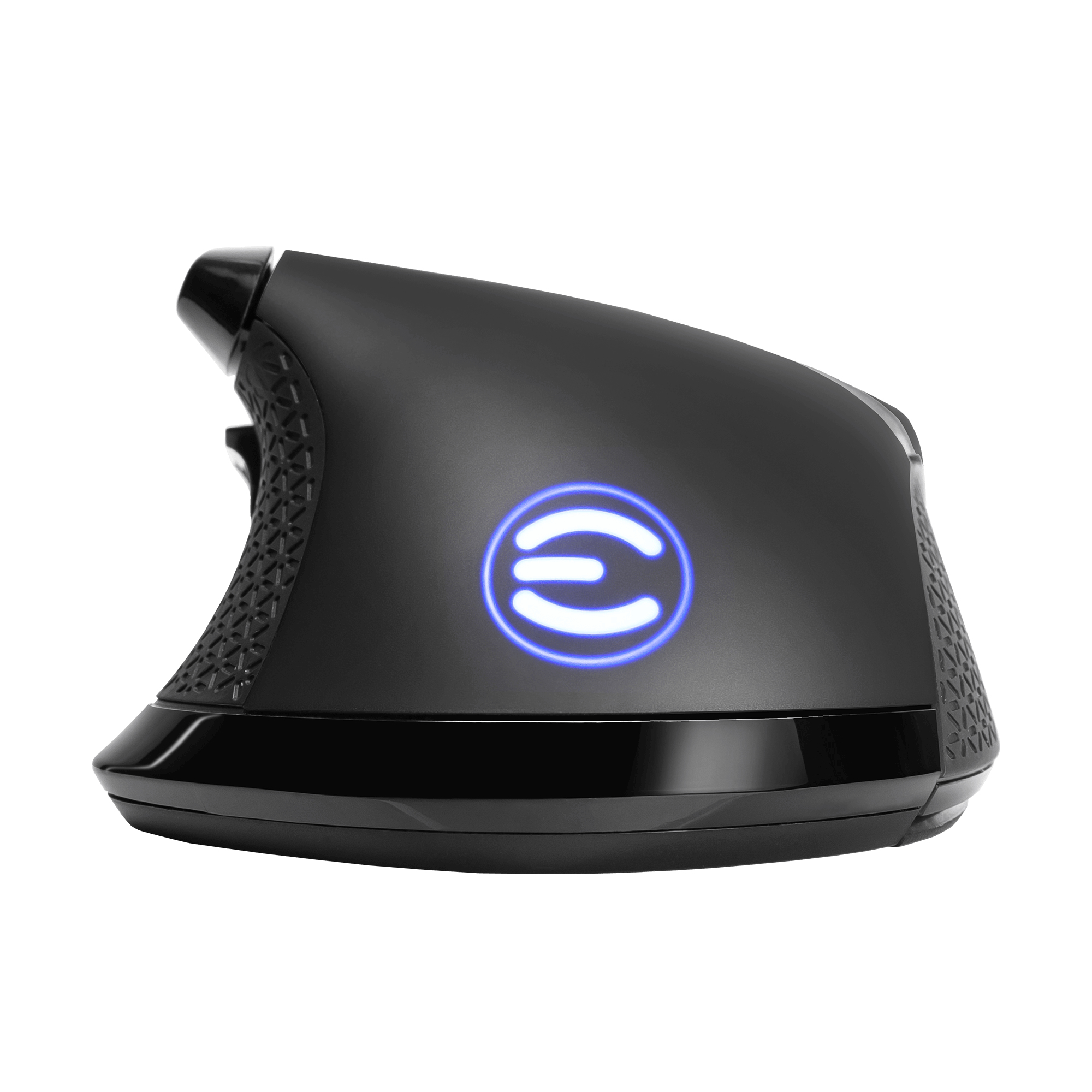Ratón vertical negro con logo. El lado derecho tiene agarre texturizado.