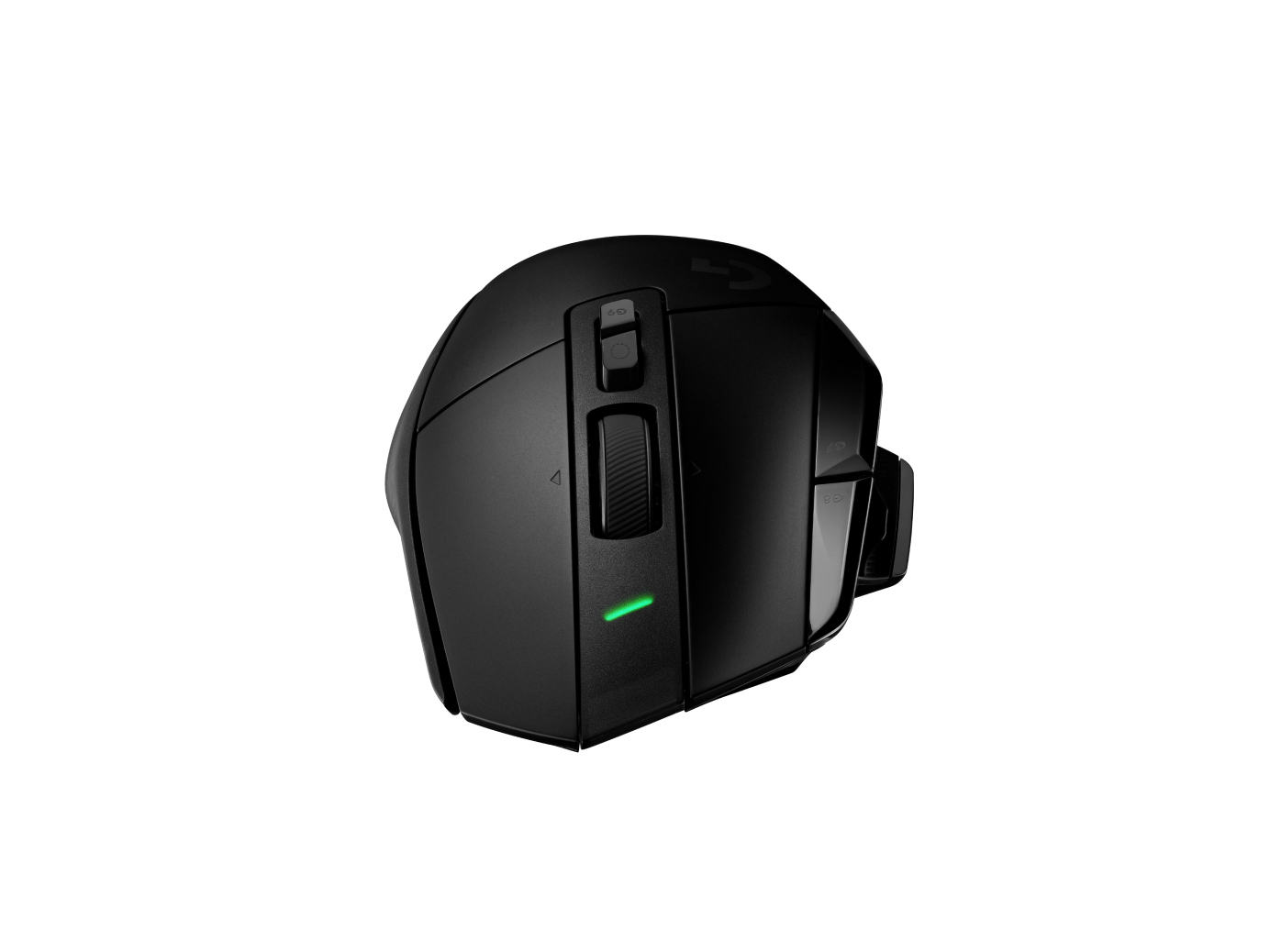 Yan düğmeleri ve yeşil bir ışığı olan siyah bir kablosuz oyun faresi.