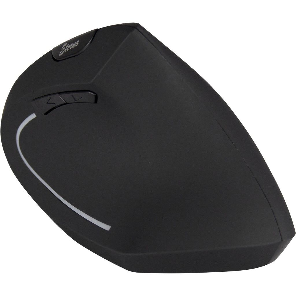 Schwarze ergonomische Maus mit zwei Seitentasten und einem weißen Liniendesign.