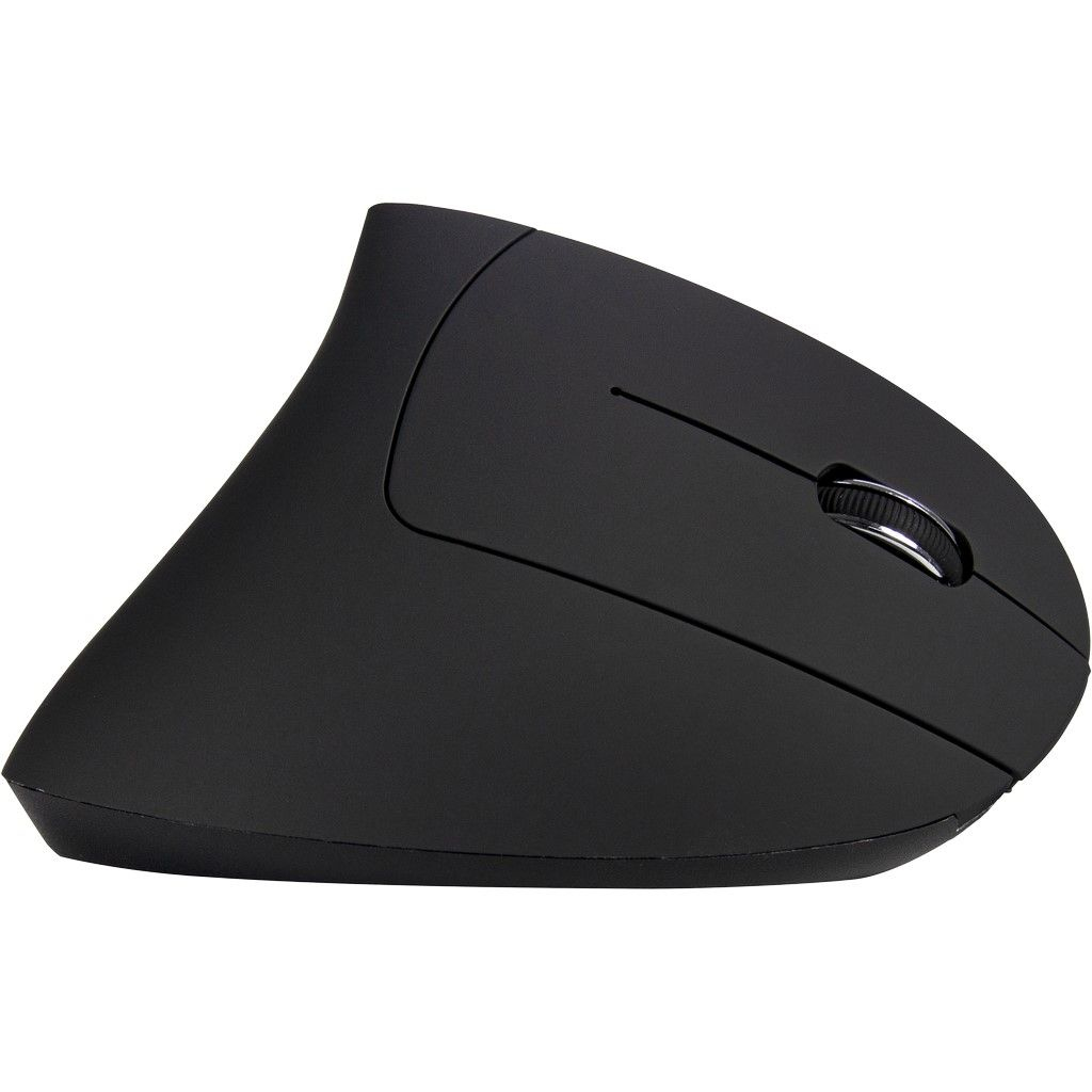 Eine schwarze, vertikale ergonomische Maus auf weißem Hintergrund.