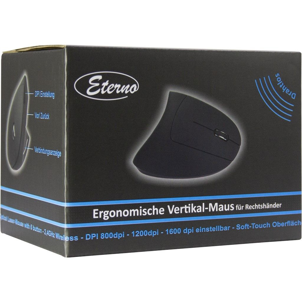 Eine schwarze, ergonomische, vertikale Maus in ihrem Karton, mit Textetiketten.