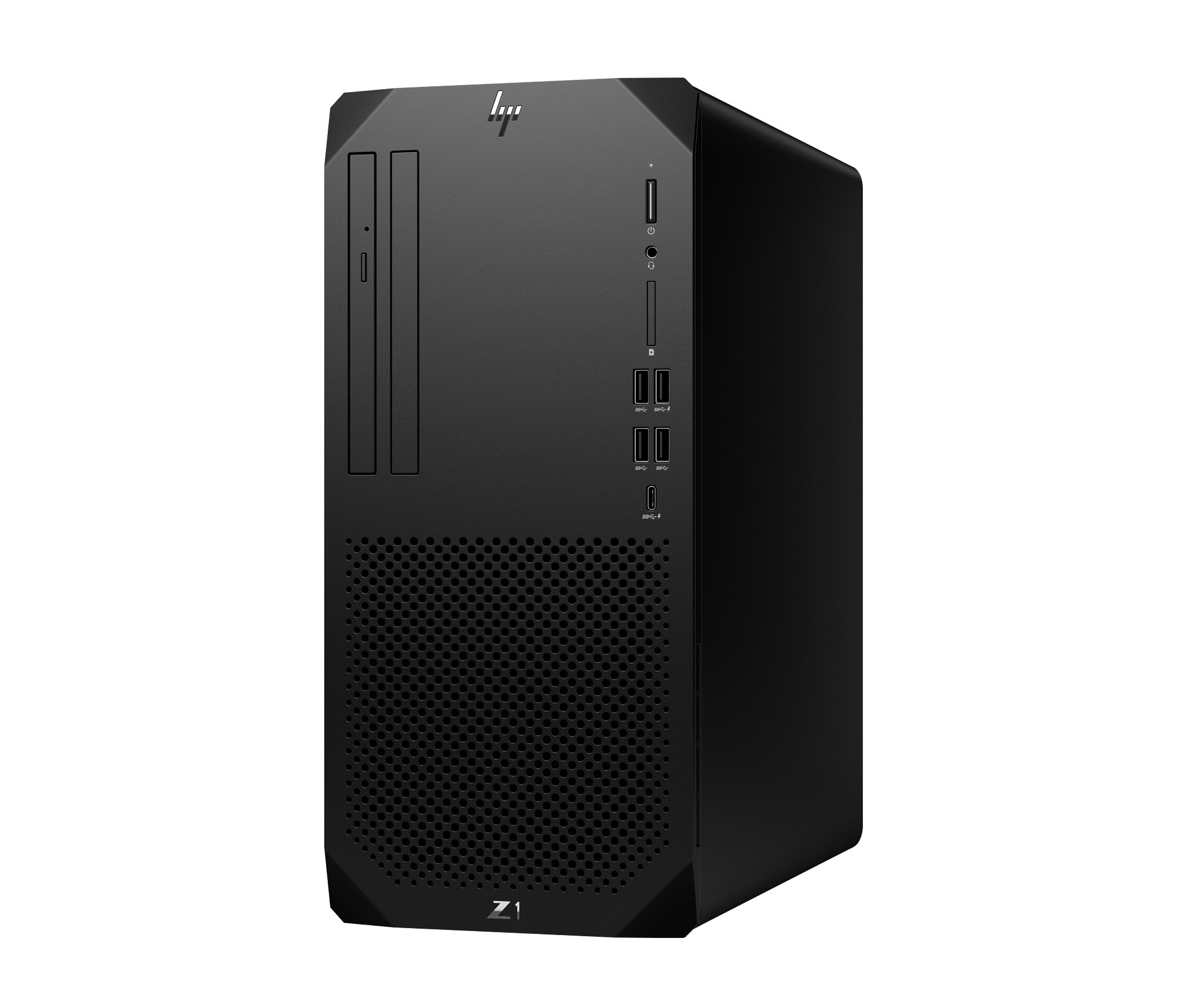 Un computer desktop nero con il logo HP. Ha porte USB e un'unità DVD.
