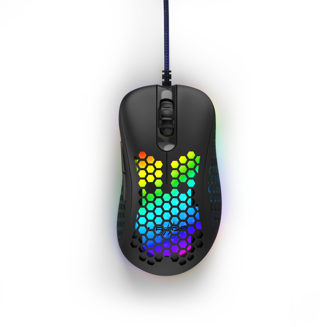 Eine schwarze Gaming-Maus mit Wabenmuster, Regenbogenbeleuchtung und Logo, auf weißem Hintergrund.