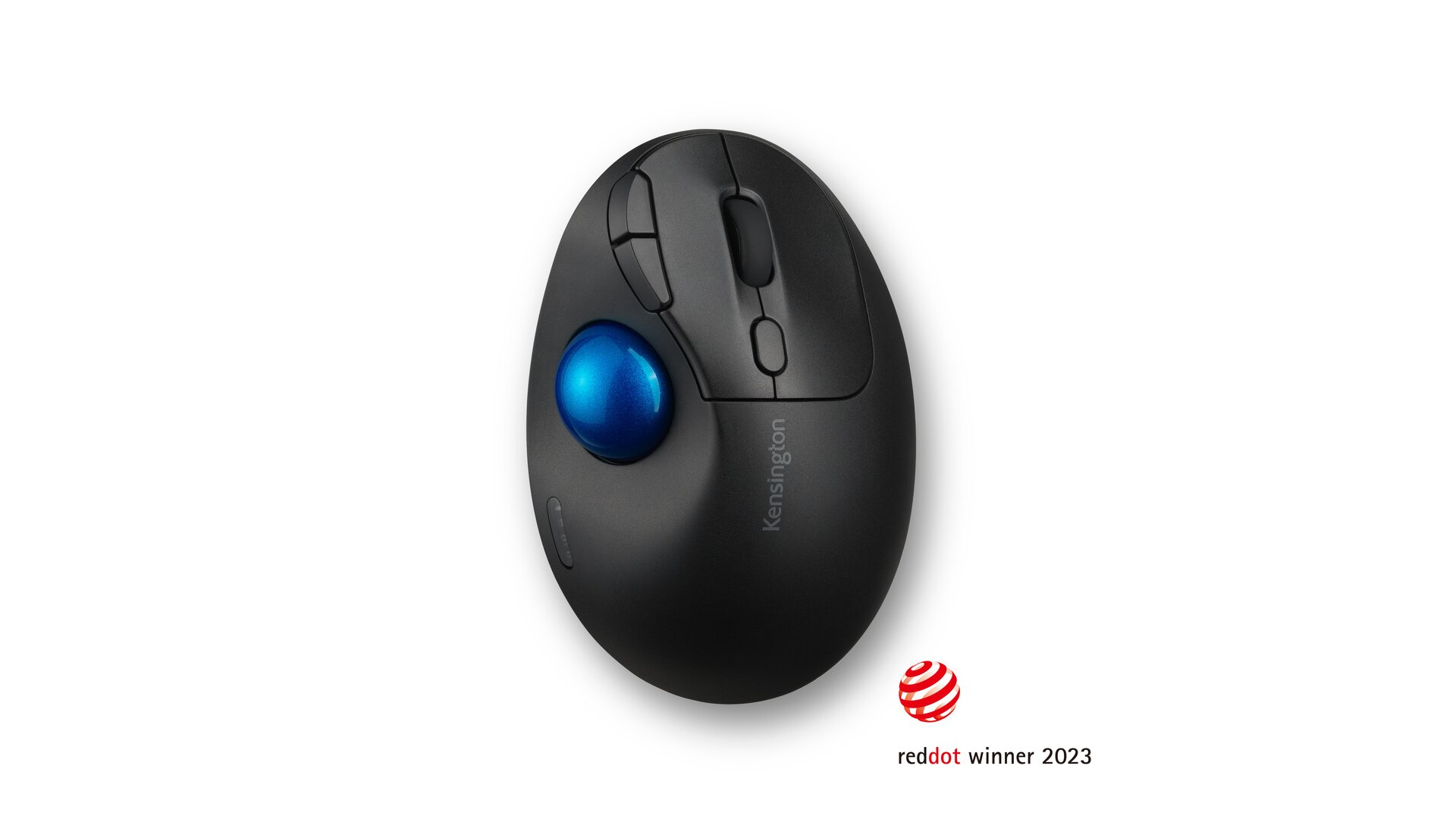 Black ergonomic mouse with a blue trackball, on a white background. Reddot winner label.