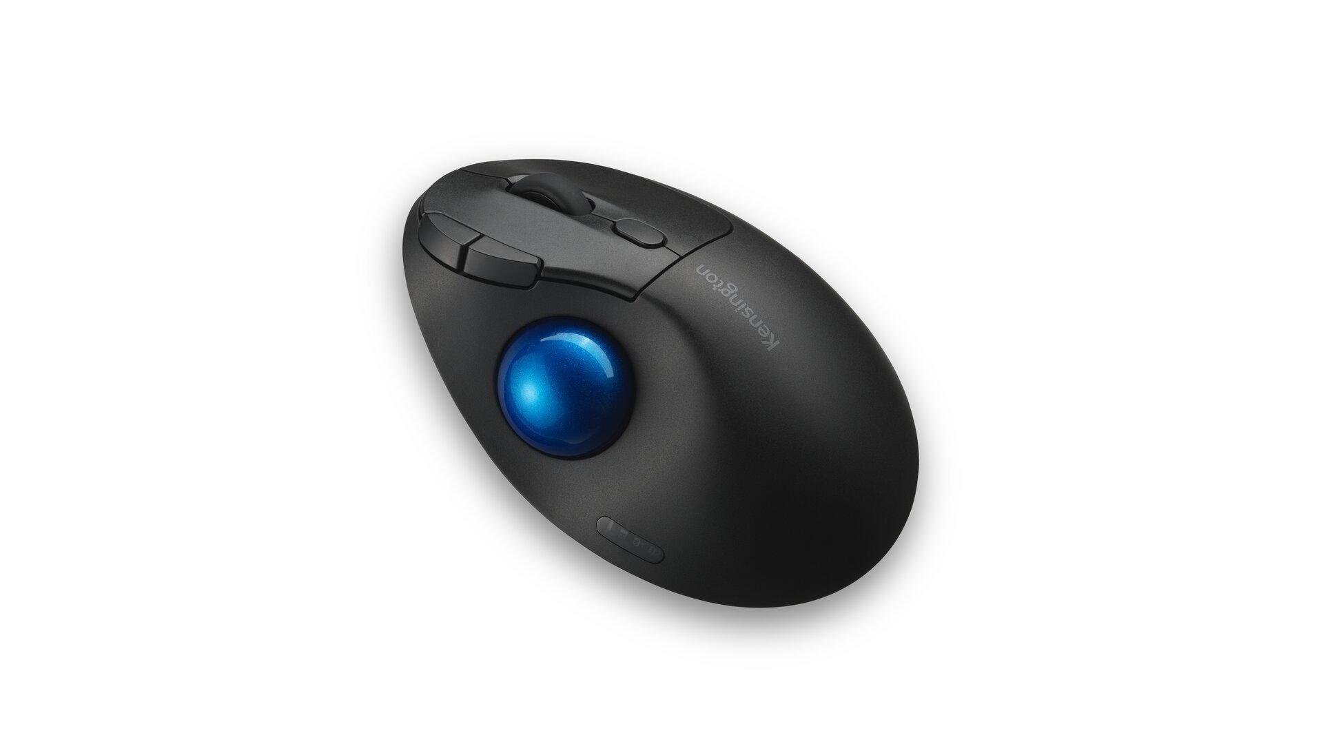 A black ergonomic mouse with a blue trackball is displayed on a white background.