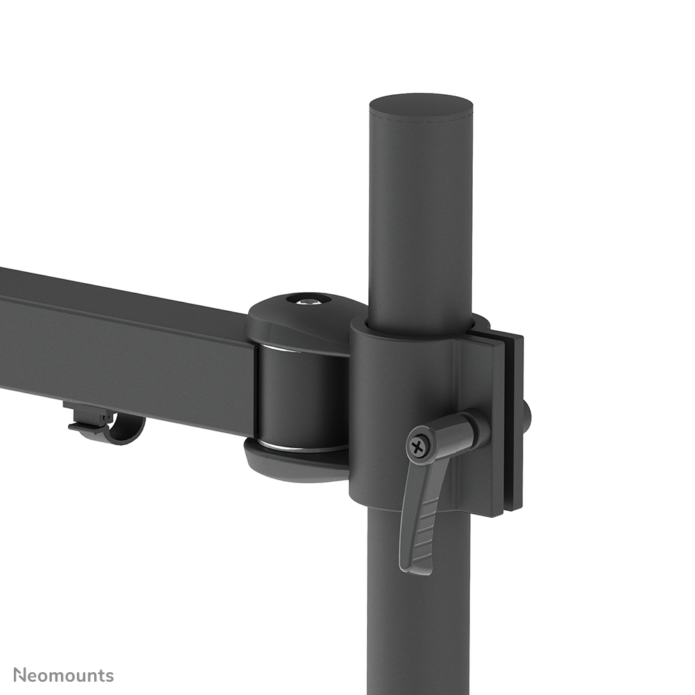 A black monitor arm attached to a black pole. The arm has a lever and adjustable joints. Neomounts logo.