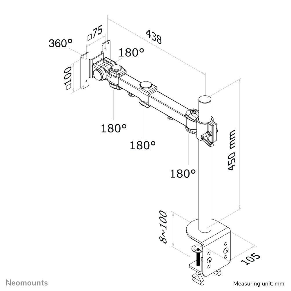 Monitor arm with measurements and degrees, white background.