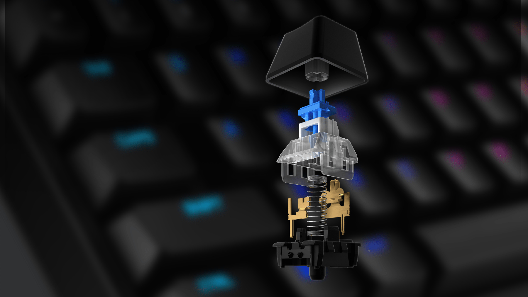 Zbliżenie przełącznika klawiatury, zdemontowane, aby pokazać komponenty.