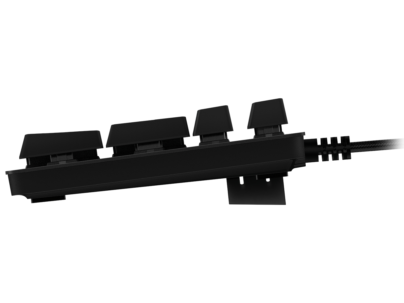 Czarna klawiatura, widok z boku, pokazujący klawisze i kabel.