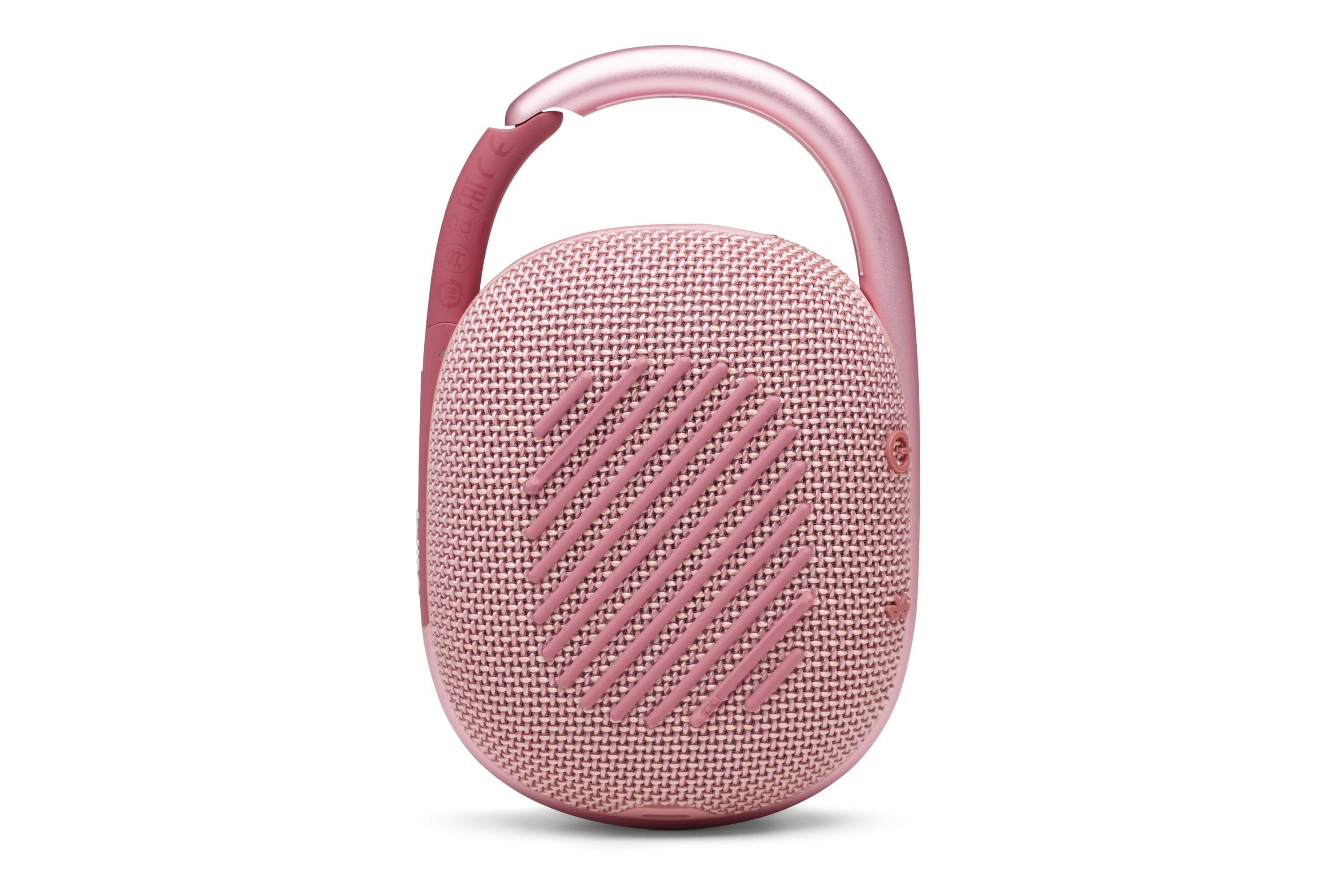 Różowy głośnik JBL z różowym uchwytem. Białe tło.