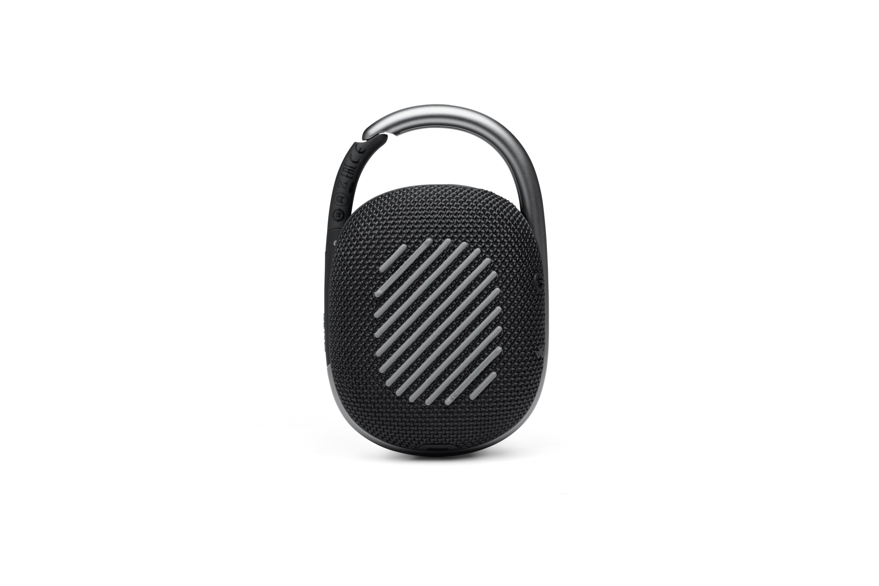 Czarny głośnik w kształcie owalu z metalowym klipsem, z maskownicą z pionowymi liniami.