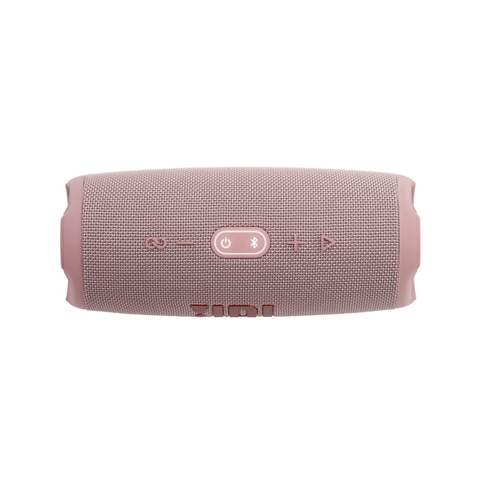Różowy głośnik JBL. Ma przyciski zasilania, Bluetooth i głośności. Logo jest widoczne.