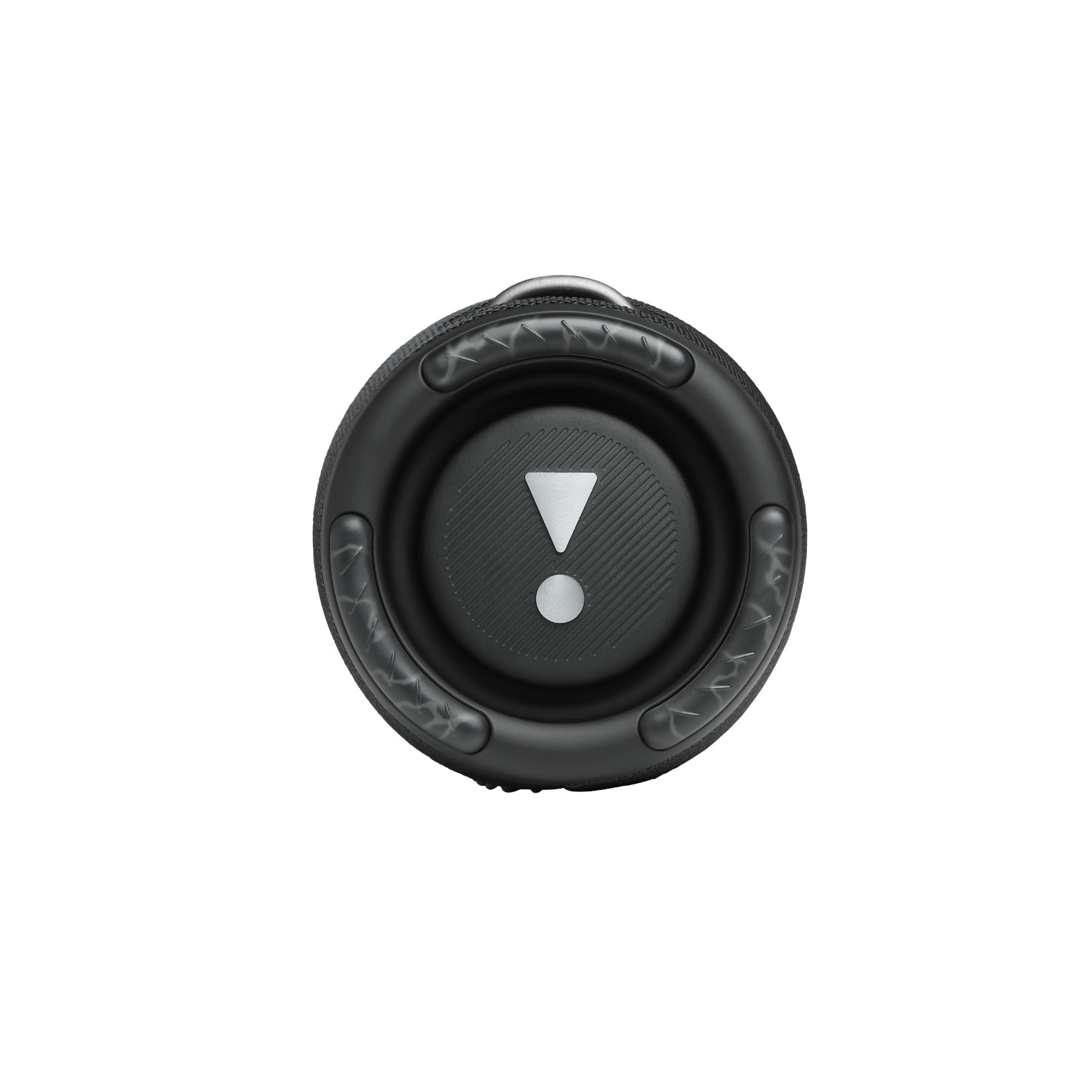 Altavoz negro con logo blanco y signo de exclamación. Fondo blanco.