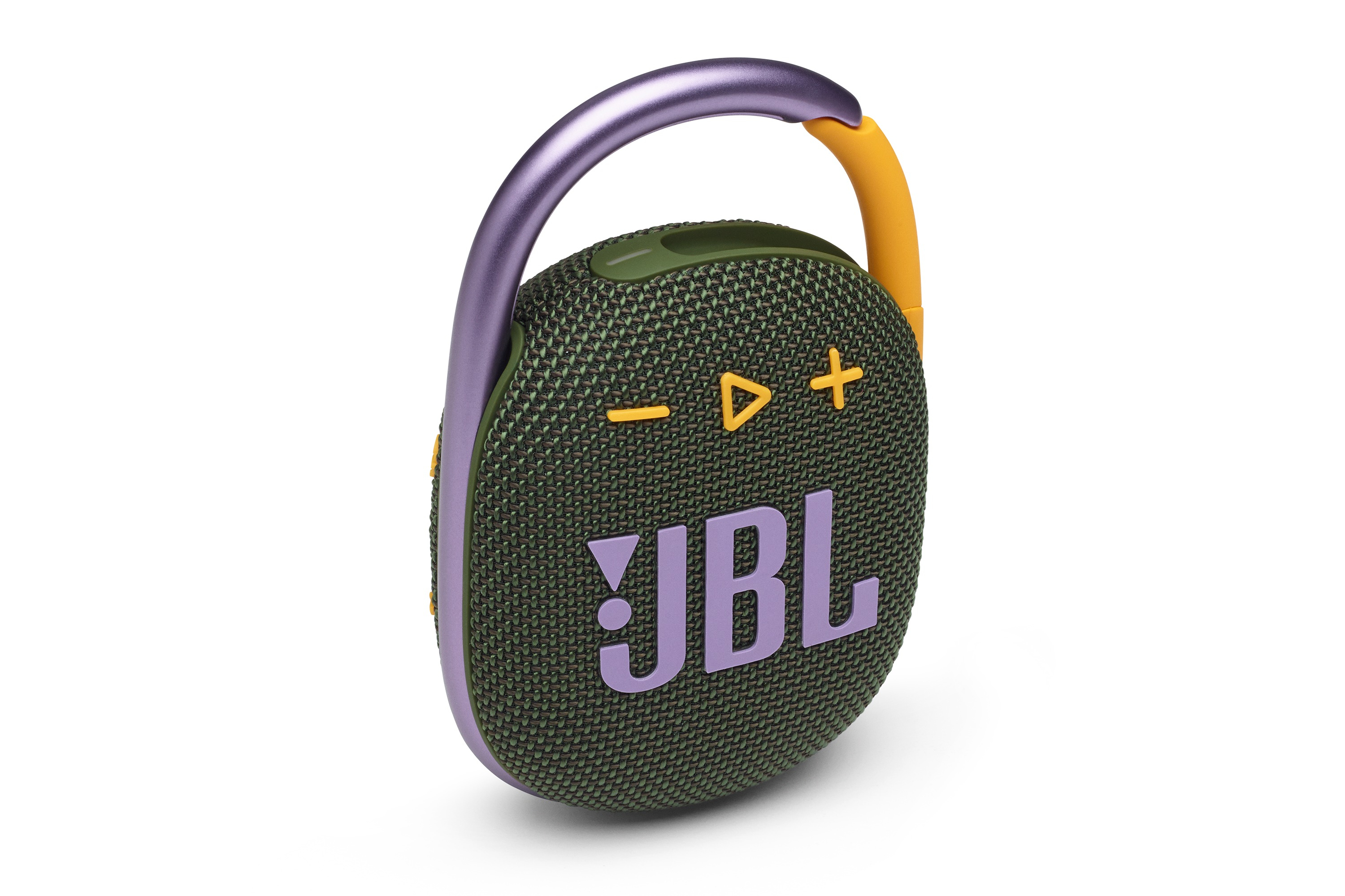 Altoparlante JBL Clip, verde con accenti viola. Portatile, con clip.