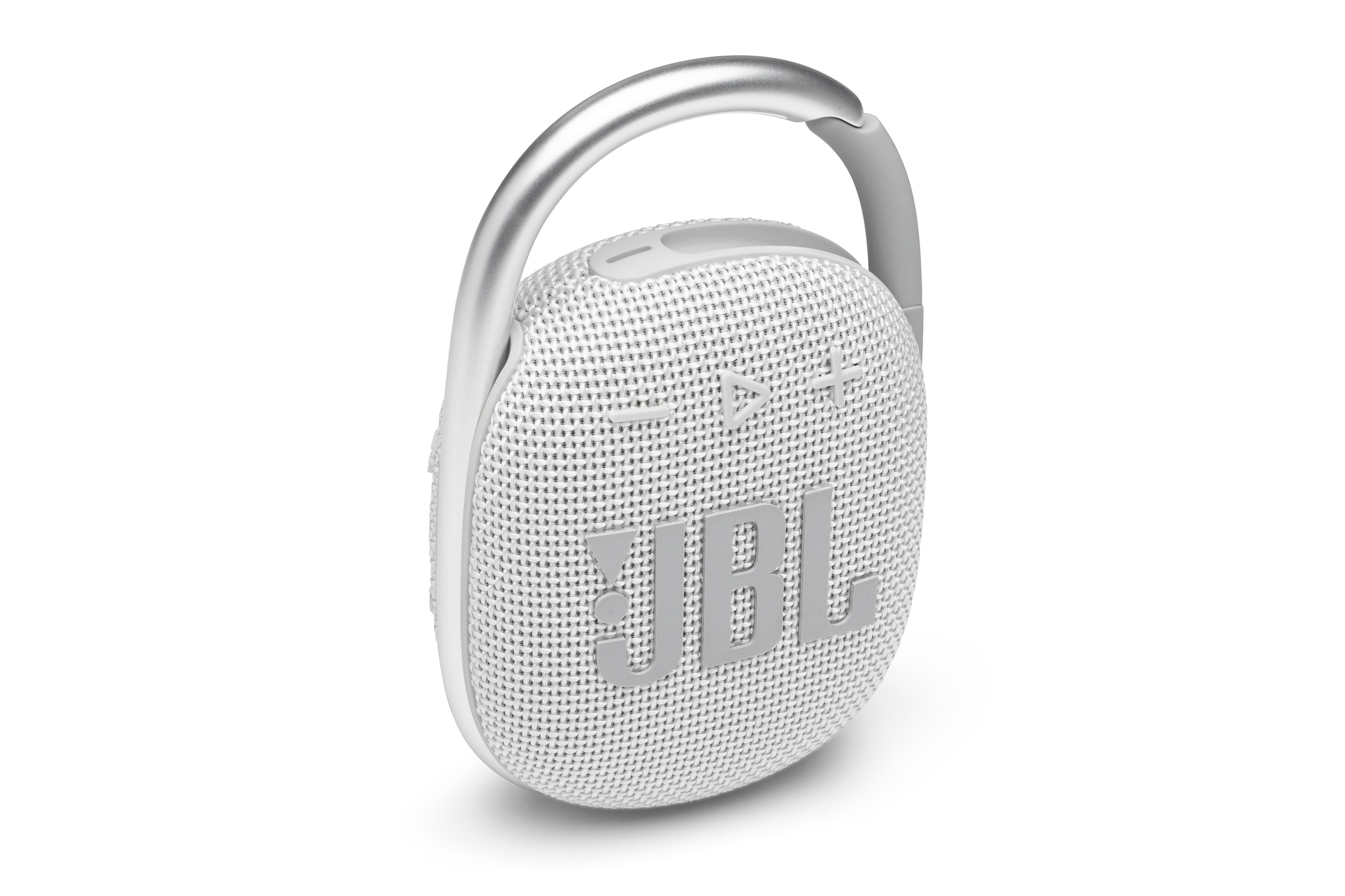 Un altavoz JBL Clip 4 blanco con asa plateada. El altavoz tiene el logo de JBL.