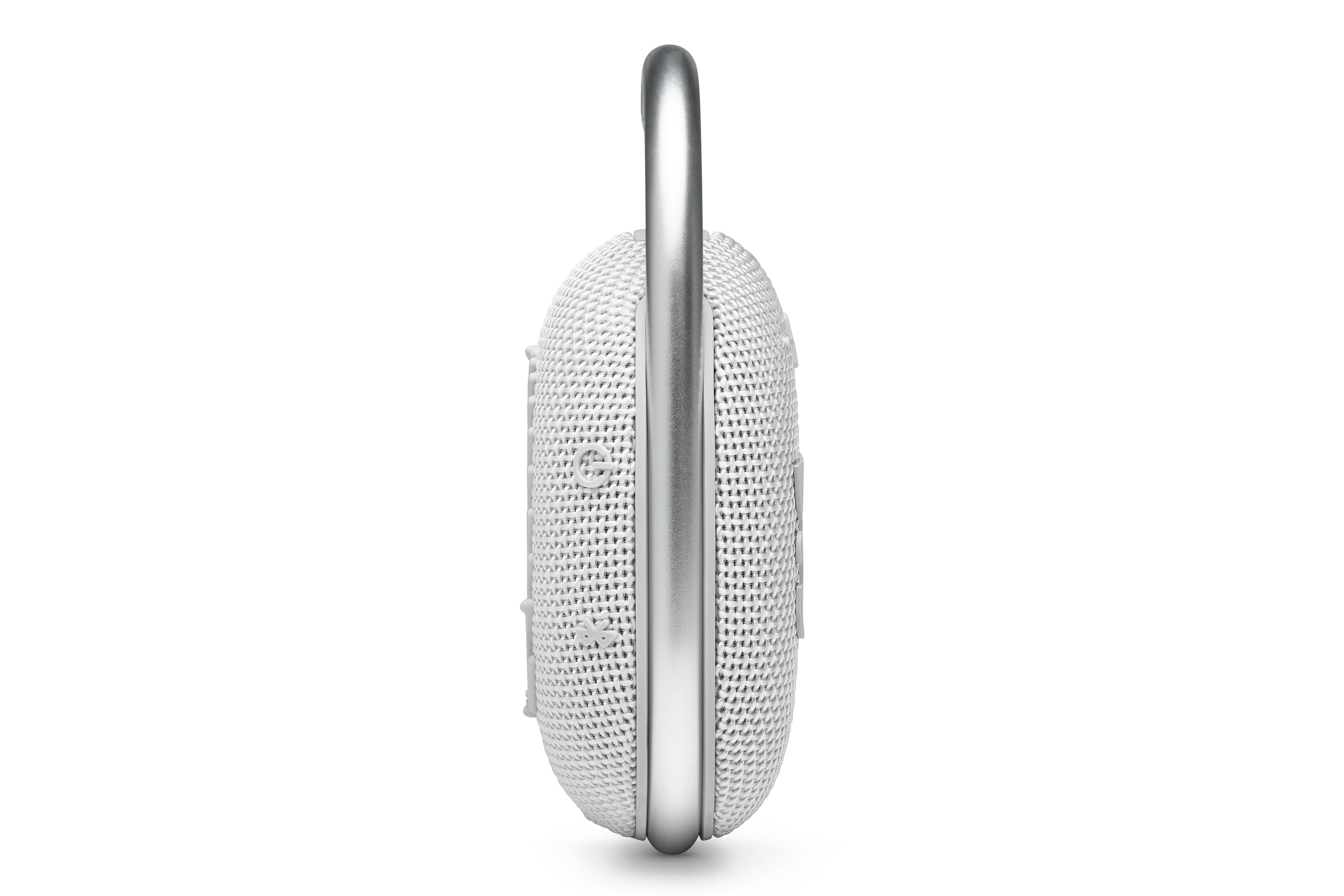 Un altavoz blanco, de forma ovalada, con un asa de metal plateado y fondo blanco.