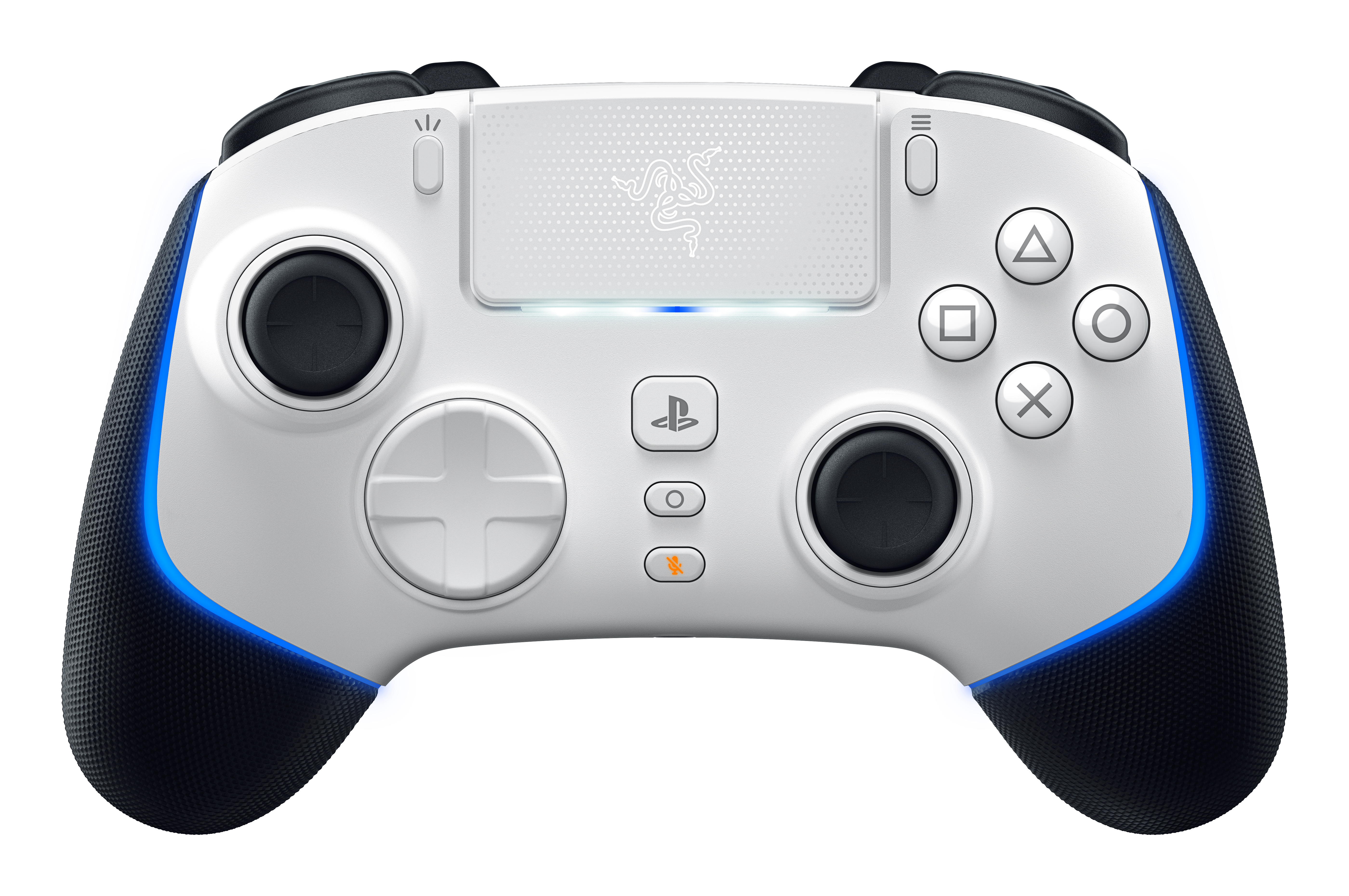 A white and black PlayStation controller with buttons, on a white background.