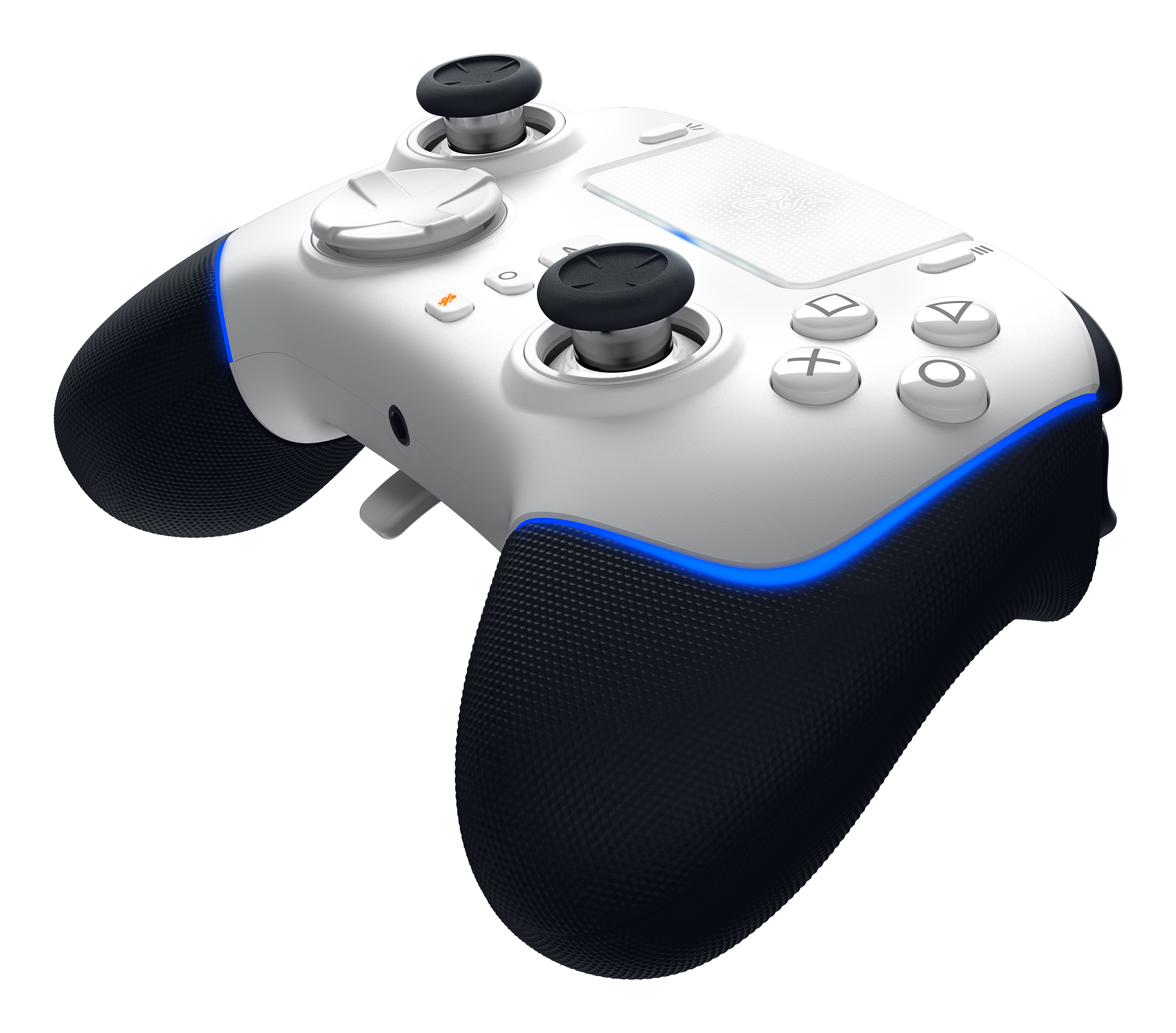 White and black game controller with buttons, joysticks, and grips. Blue accents on the sides.