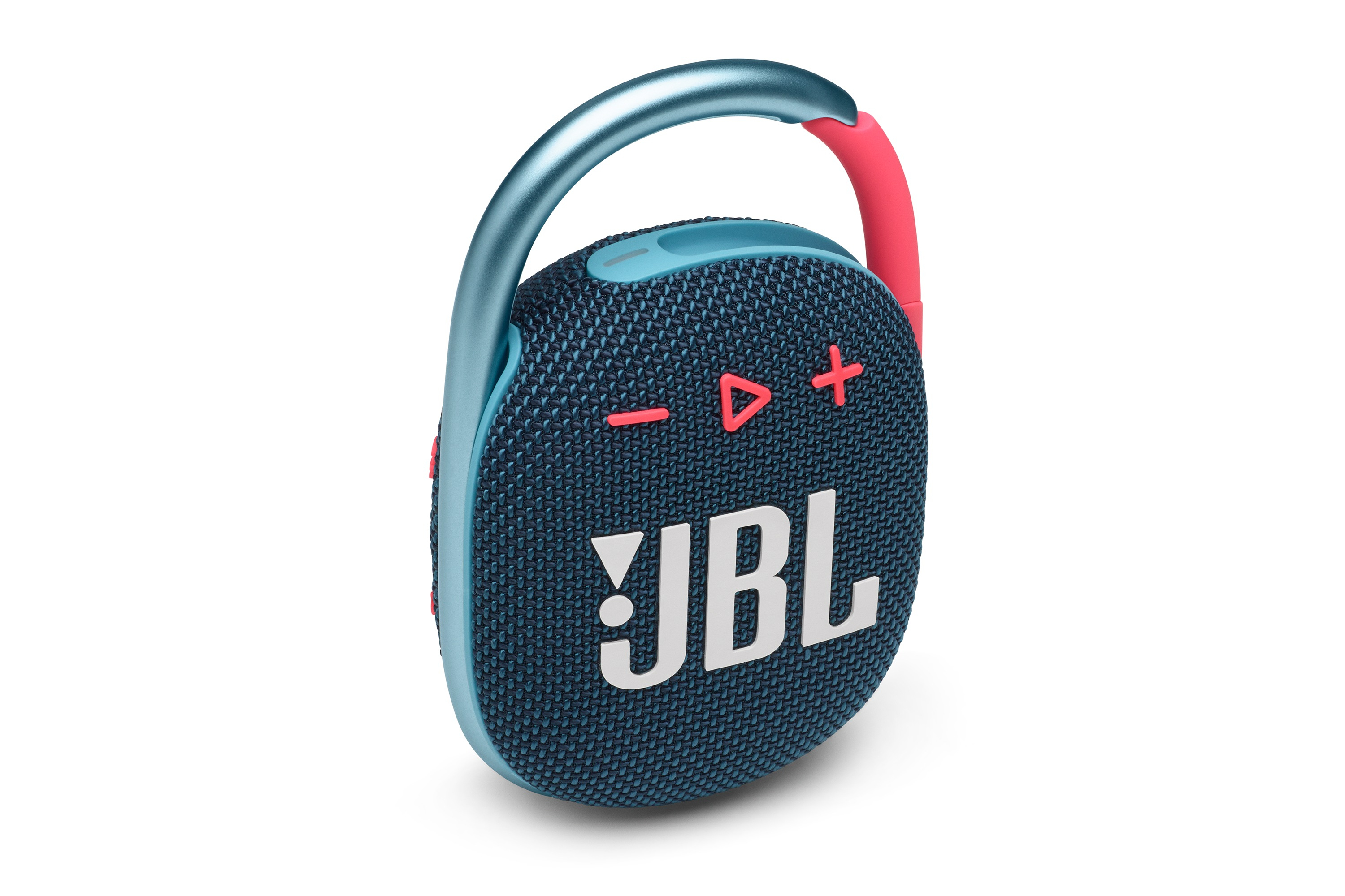 JBL Clip-luidspreker, blauw met paarse accenten. Draagbaar, met clip.