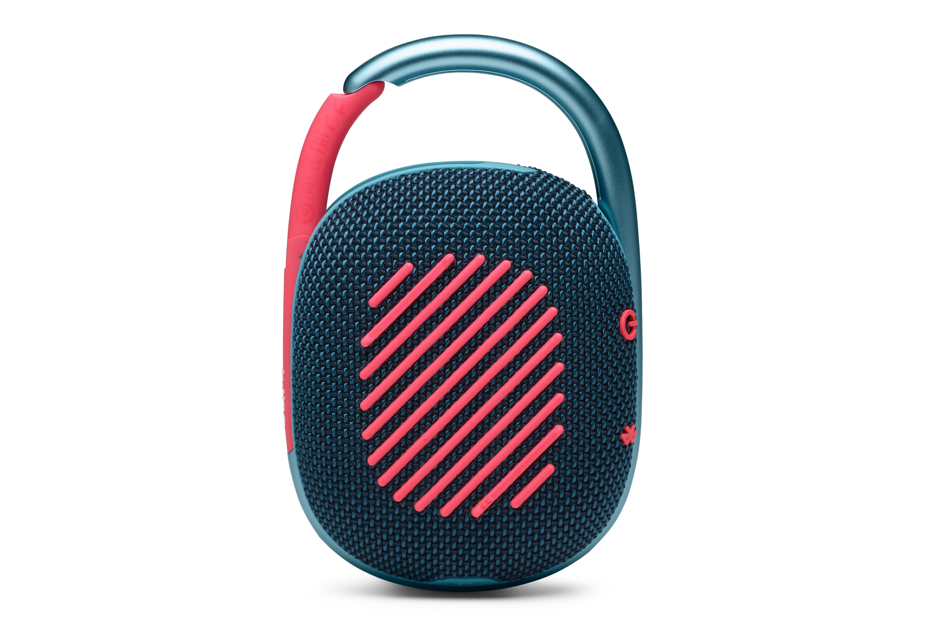 Kleine blauwe en rode JBL-luidspreker met clip. De luidspreker is ovaal en heeft een mesh-oppervlak.