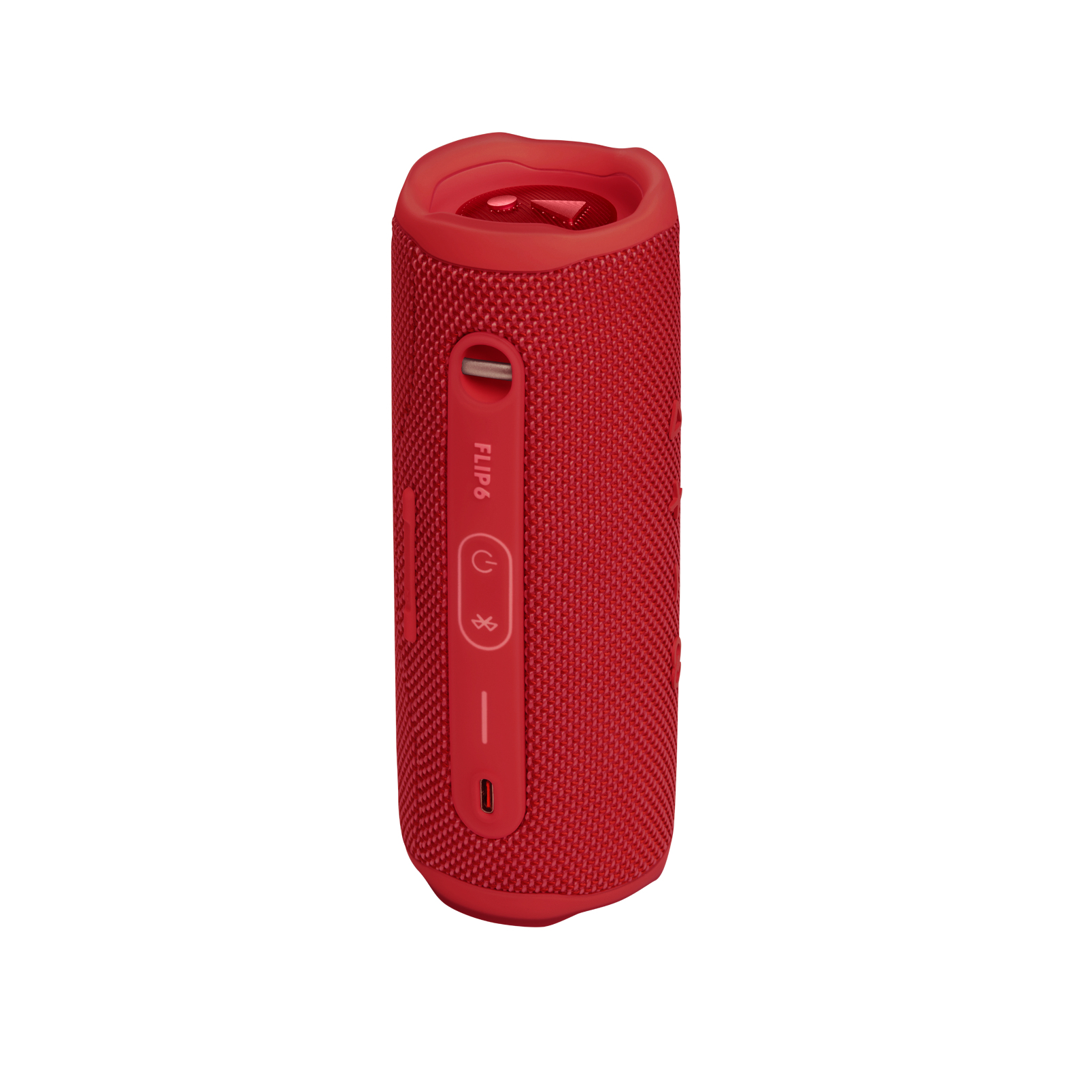 Roter JBL Flip 6 Lautsprecher, zylindrische Form, mit Knöpfen und Anschluss.
