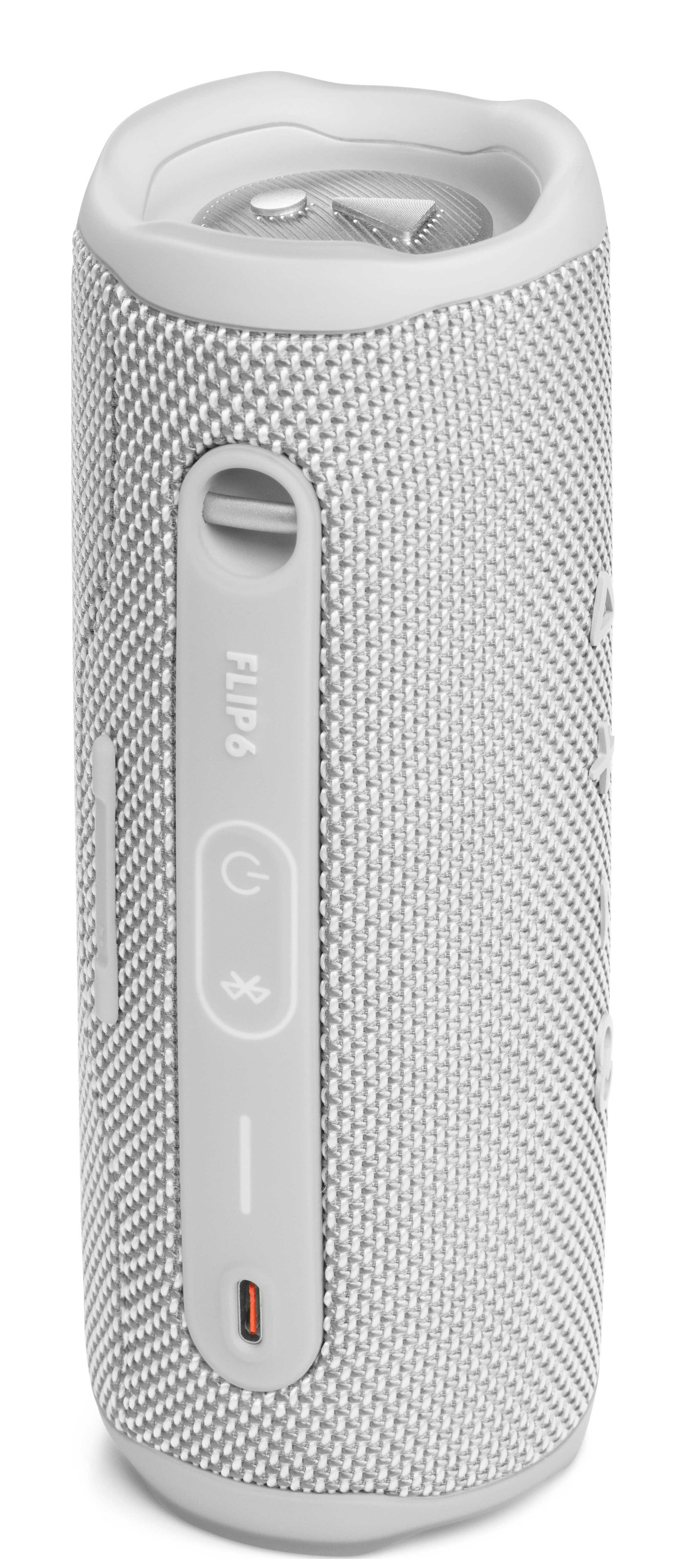 Un altavoz JBL Flip 6 blanco. Muestra los botones de encendido, Bluetooth y volumen.