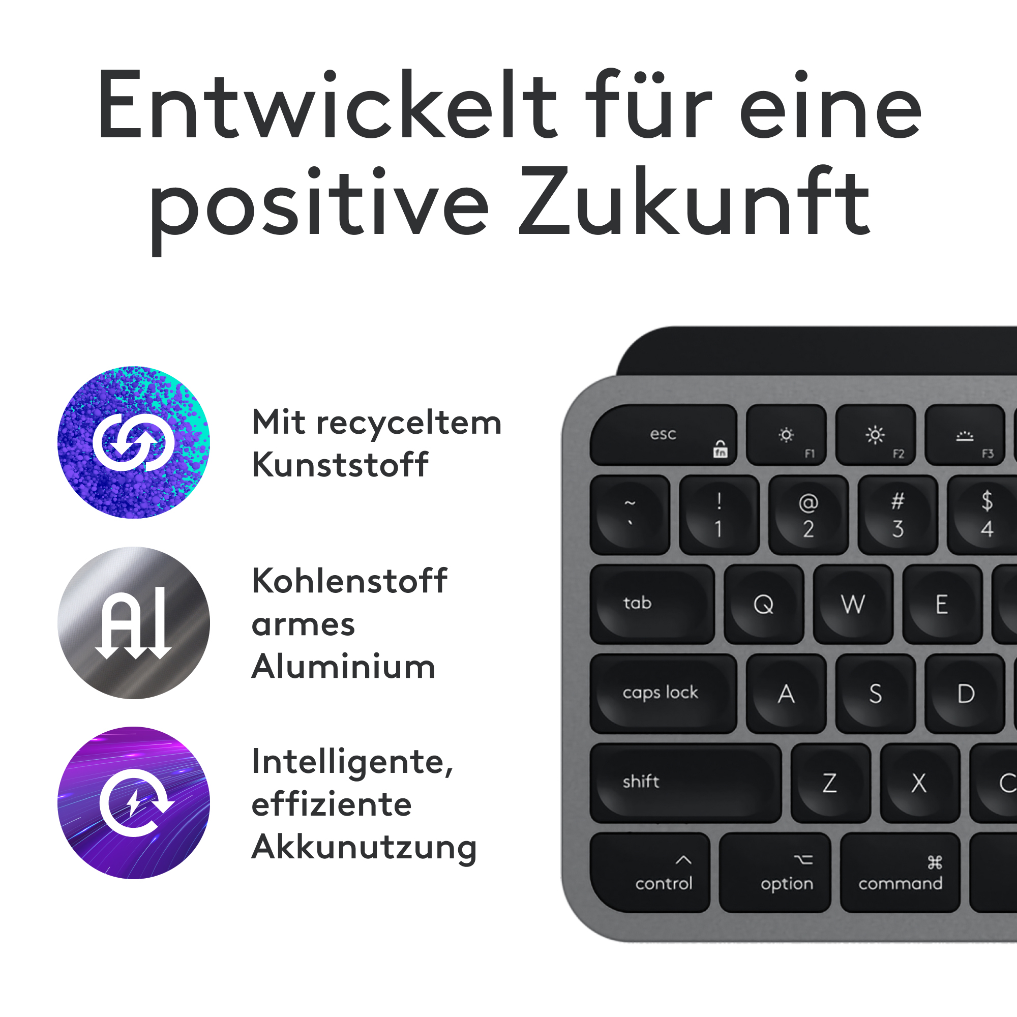 Klawiatura z kluczowymi funkcjami. Wykonana z tworzywa sztucznego z recyklingu, aluminium, wydajne użycie baterii.