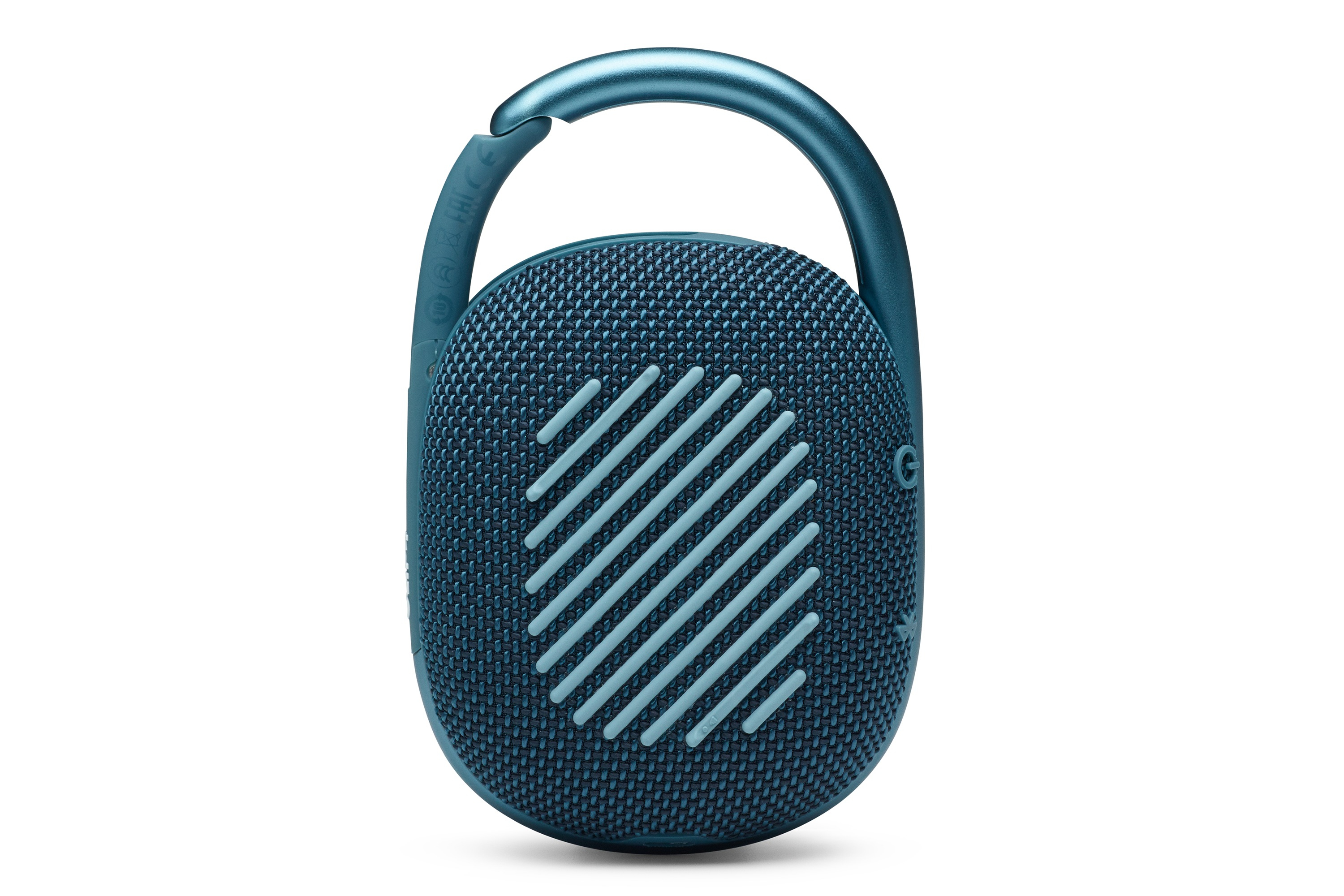 Niebieski głośnik przenośny z uchwytem na białym tle.