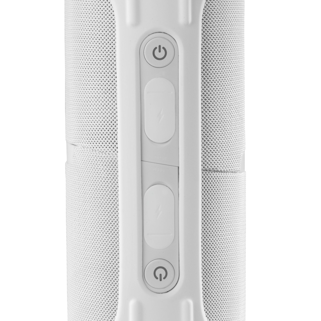 Biały głośnik z przyciskami zasilania i ładowania. Głośnik ma siatkową konstrukcję.