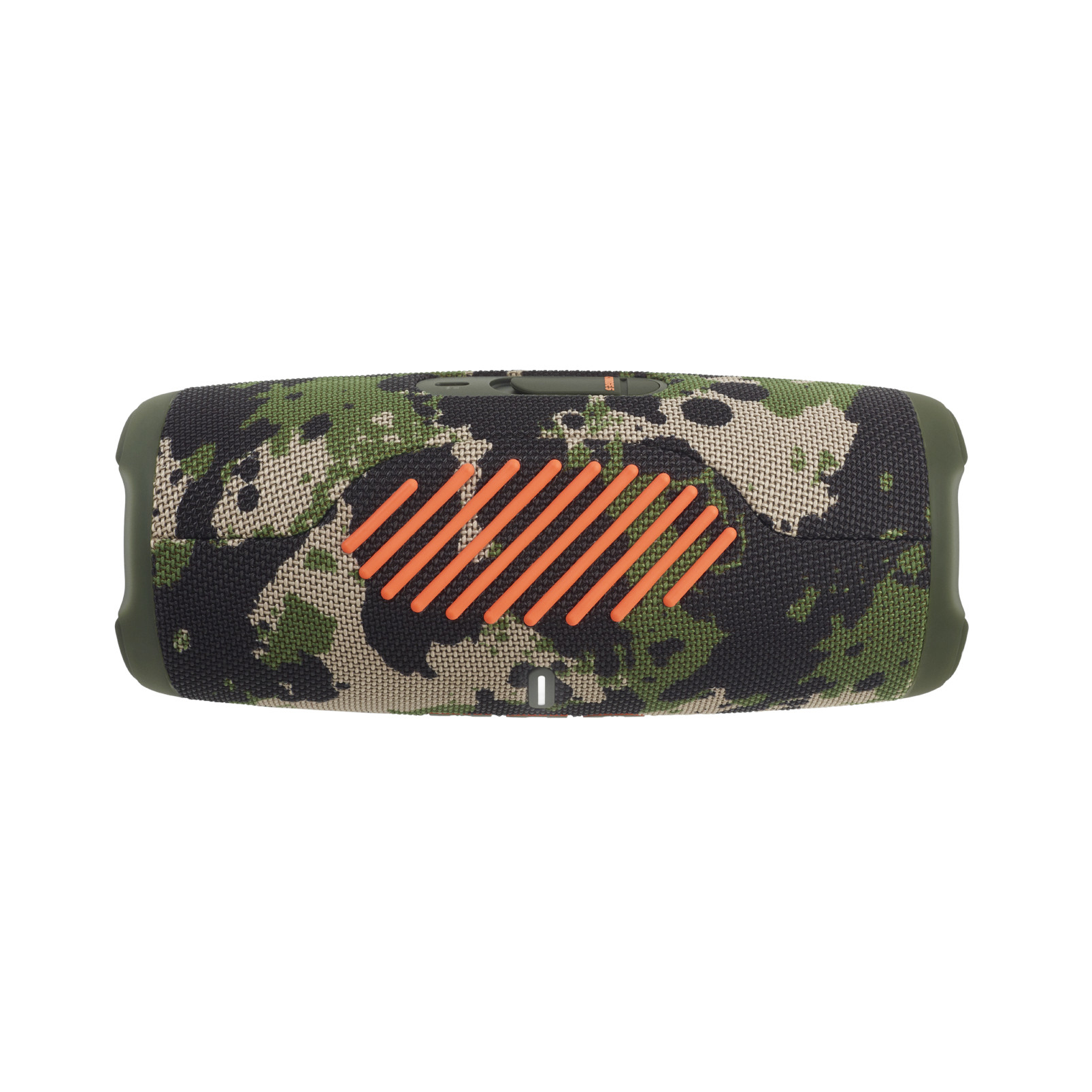Głośnik JBL w kamuflażu z pomarańczowymi akcentami, odizolowany od białego tła.