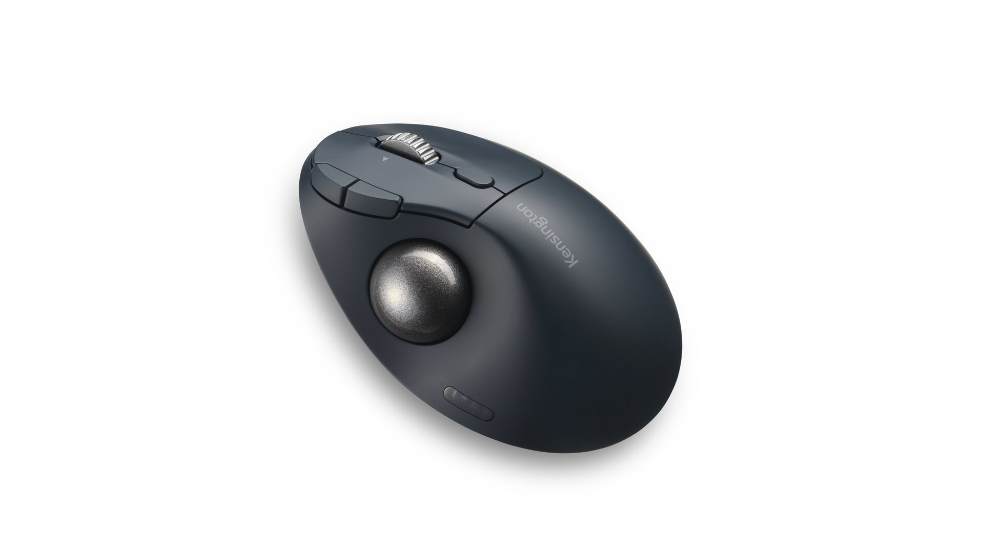 Souris trackball Kensington gris foncé sur fond blanc. Elle a une boule argentée et des boutons.