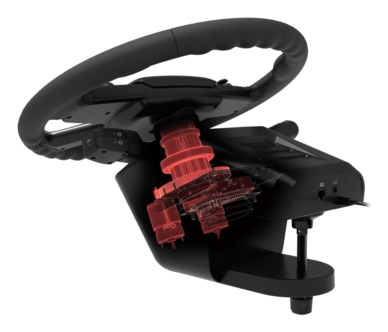 Kierownica z widocznymi czerwonymi kołami zębatymi, zamontowana na czarnej podstawie z zaciskiem.