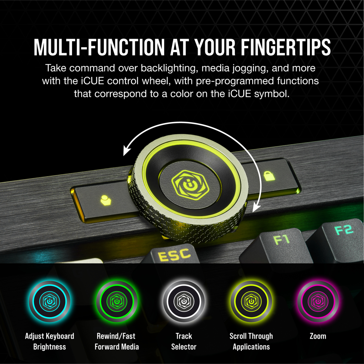 Primer plano de un teclado con la rueda de control iCUE. Botones con símbolos de funciones.