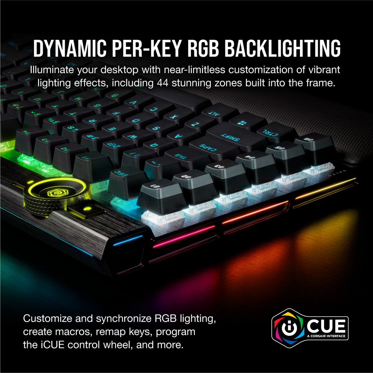 Teclado gaming negro con retroiluminación RGB. Las teclas son negras con letras blancas. Iluminación multicolor.