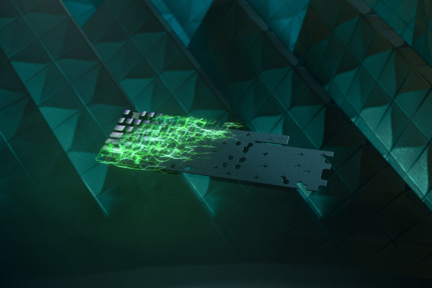 Un pezzo tecnologico futuristico, ritagliato, con flusso di energia verde su sfondo scuro.