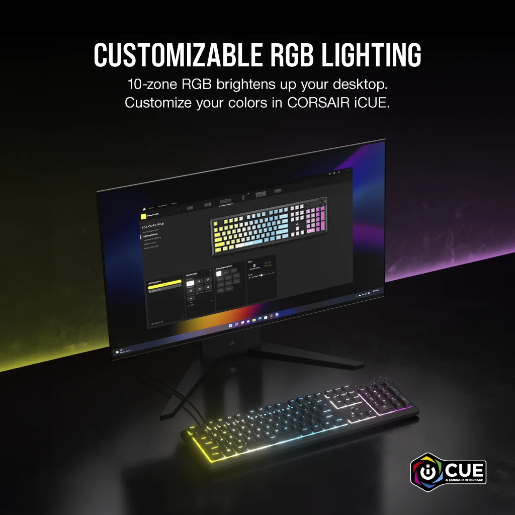 Ekran komputera pokazujący klawiaturę z konfigurowalnym podświetleniem RGB i czarną klawiaturę.