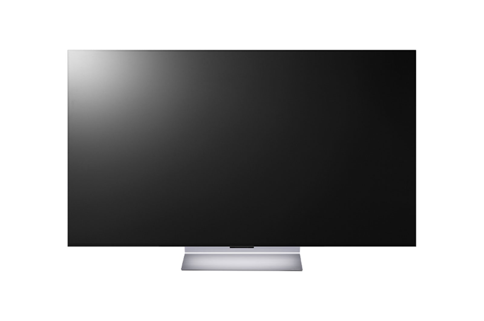 Un televisor negro con soporte plateado. La pantalla es negra.