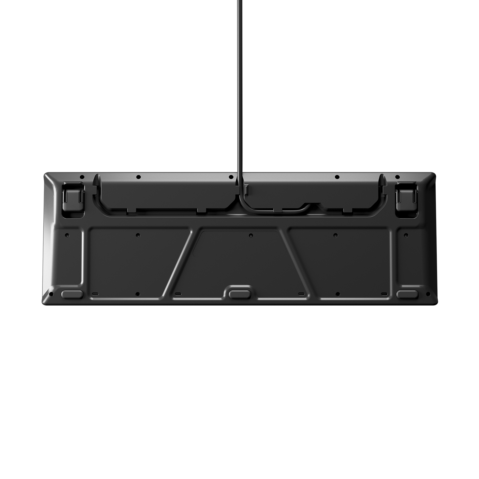 Bottom view of a black keyboard with a cable attached, on a white background.