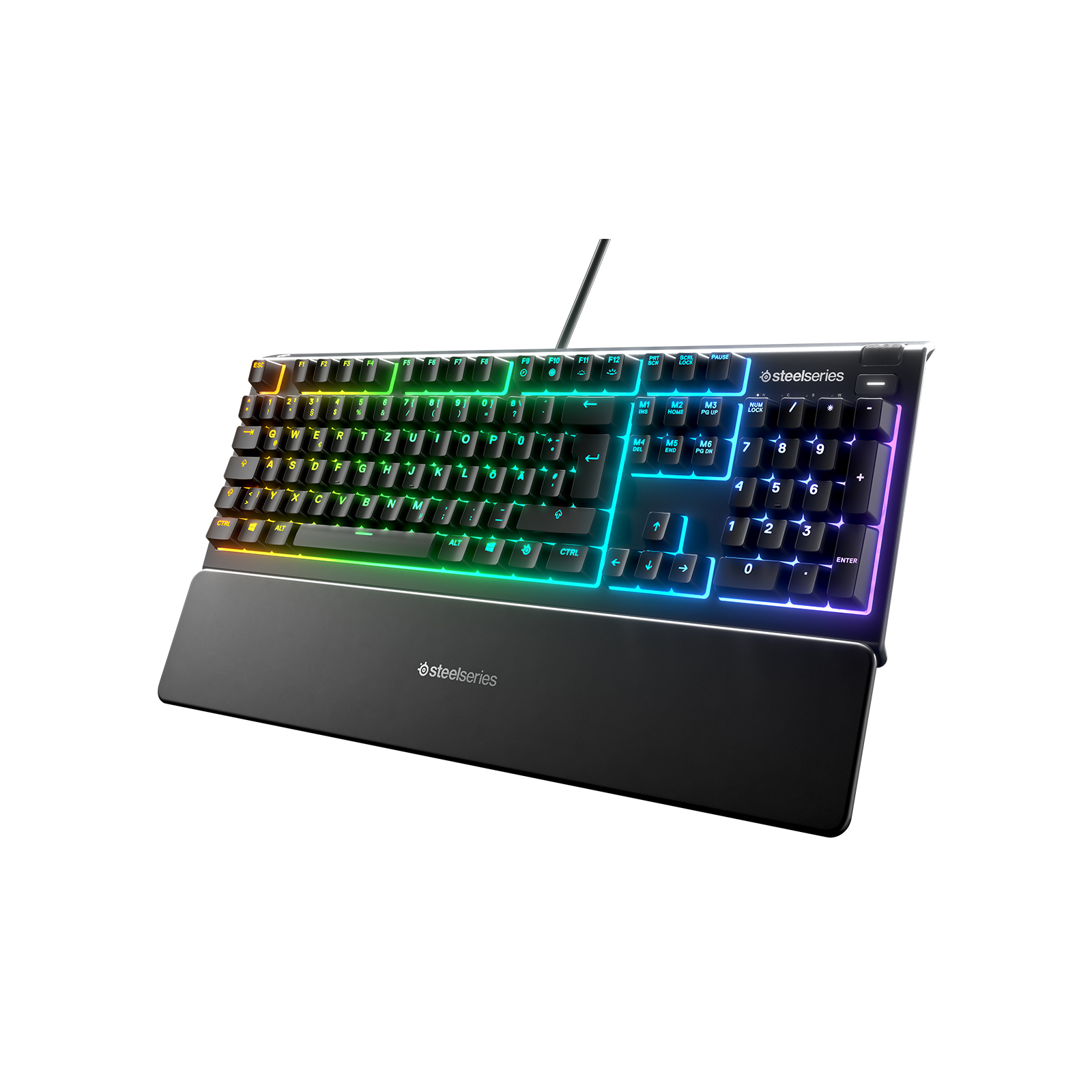 A black, backlit keyboard with rainbow-colored keys and a wrist rest. The brand 'SteelSeries' is visible.