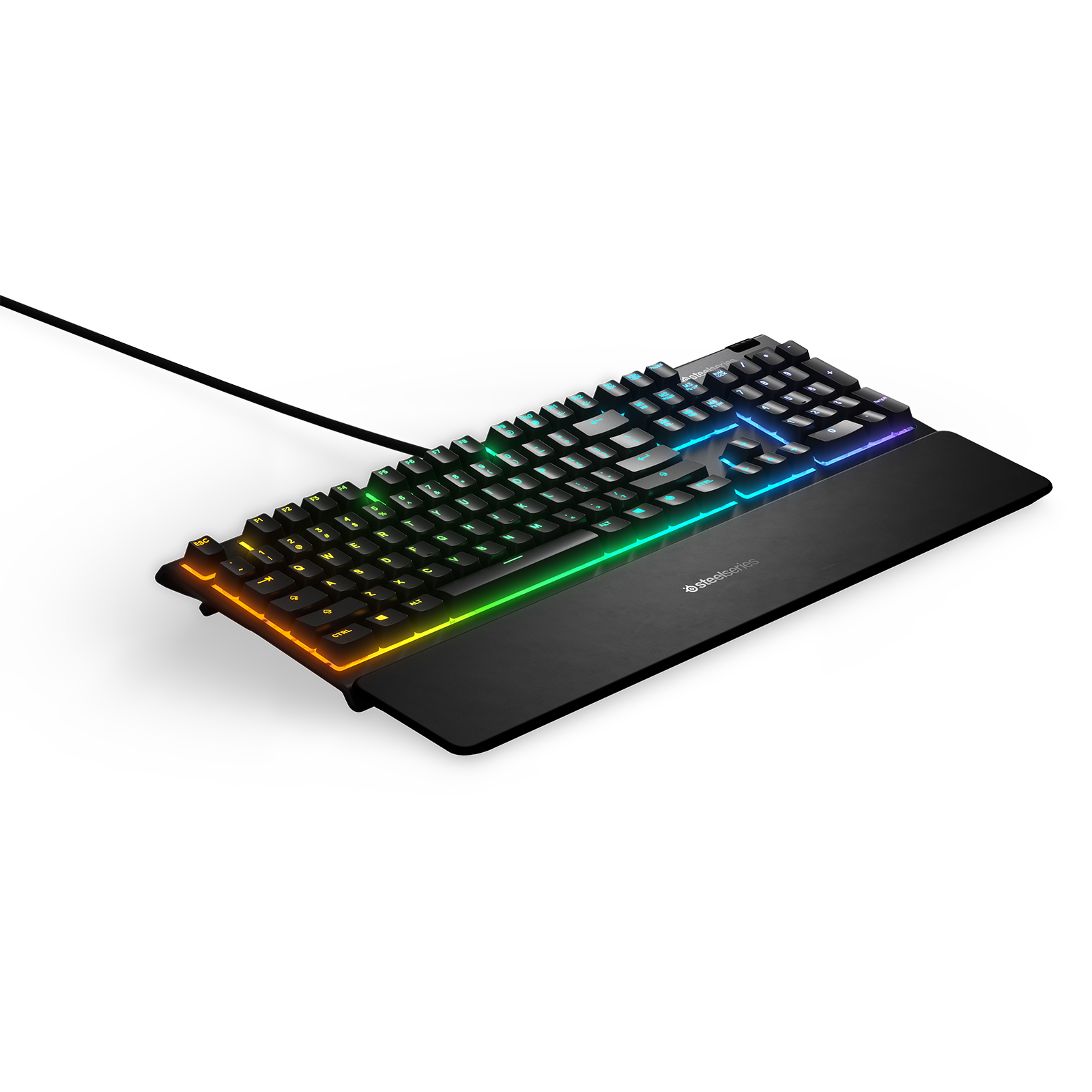 A black keyboard with colorful lights under the keys, and a black wrist rest.